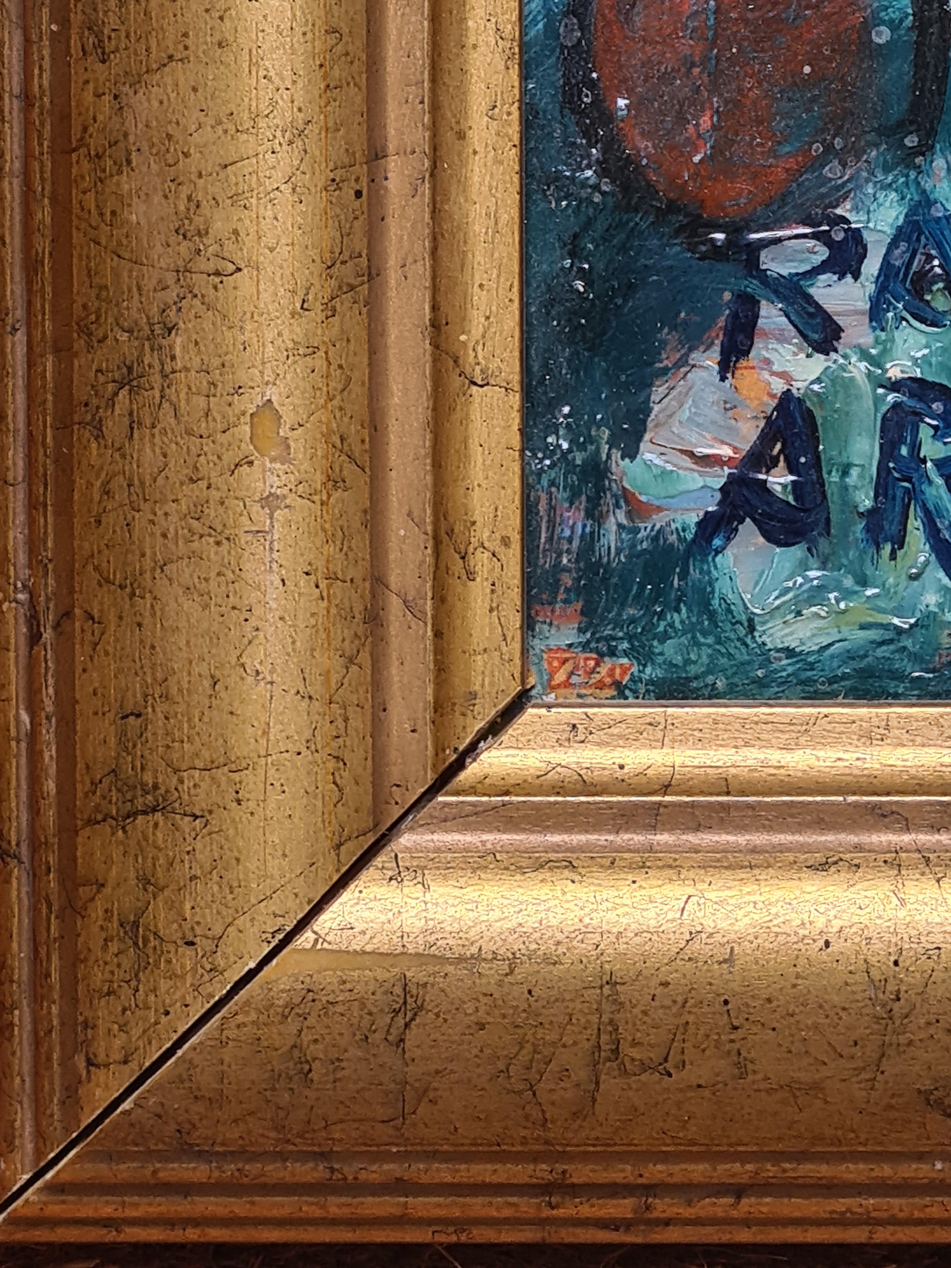Französisches expressionistisches Öl aus der Mitte des Jahrhunderts, La Couseuse im Angebot 3