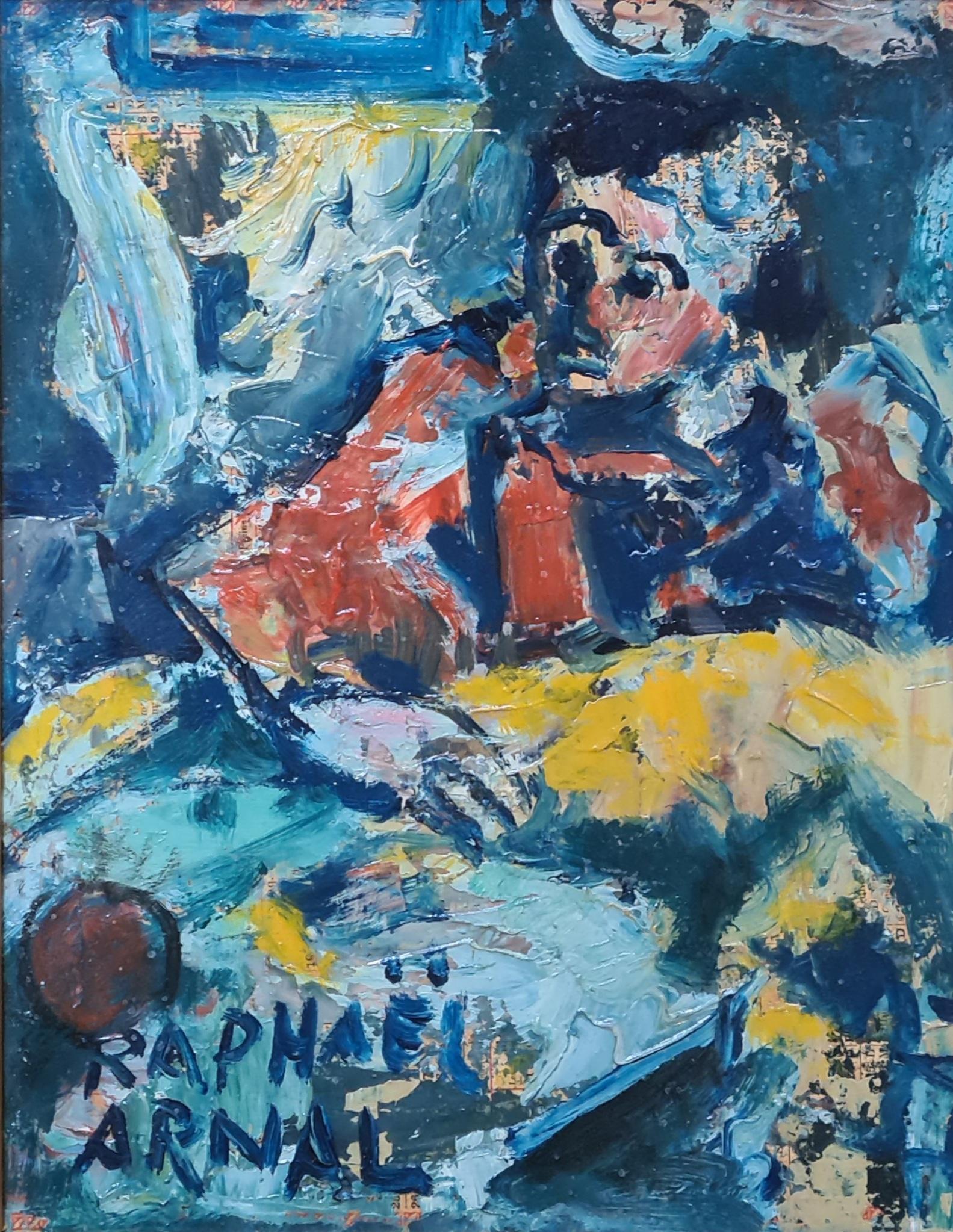 Raphaël Arnal Figurative Painting – Französisches expressionistisches Öl aus der Mitte des Jahrhunderts, La Couseuse