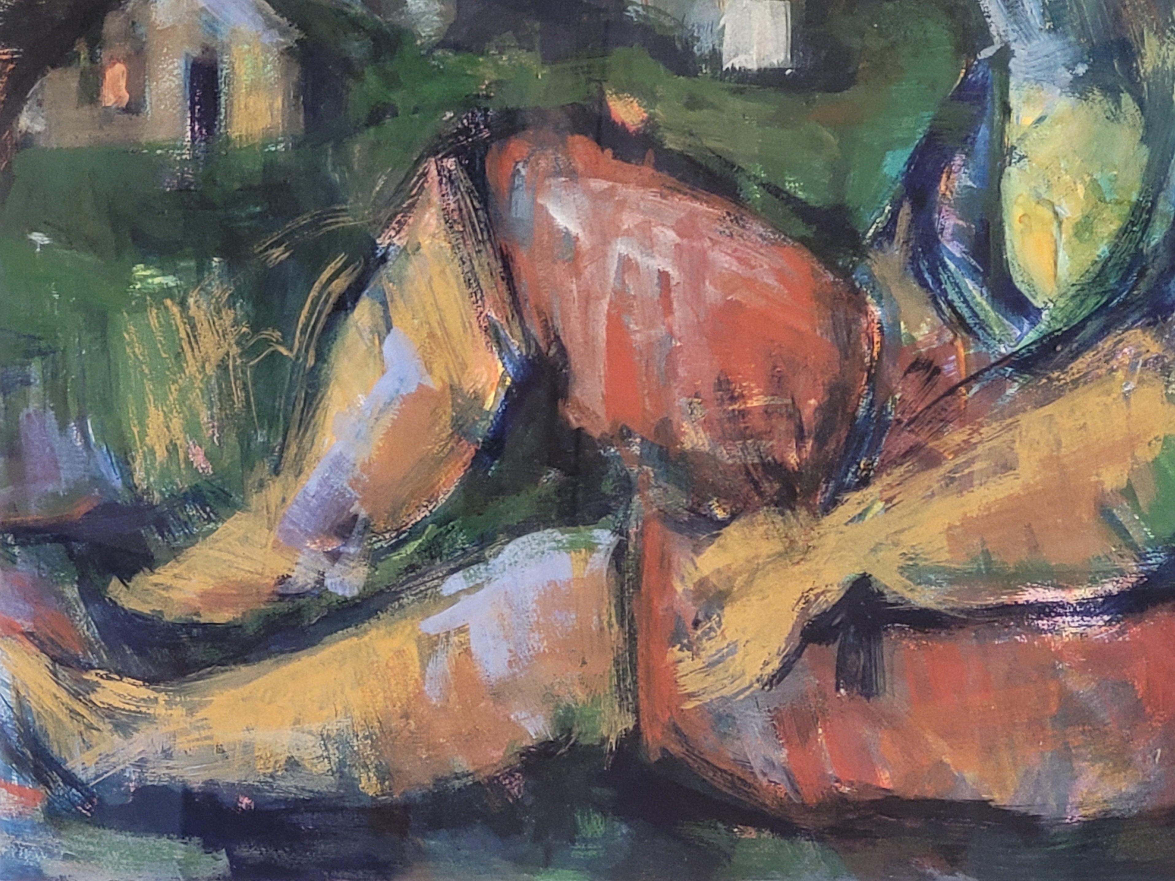 Französisches expressionistisches Landschaftsporträt der Jahrhundertmitte, La Fermière Normande. (Grau), Figurative Painting, von Raphaël Arnal
