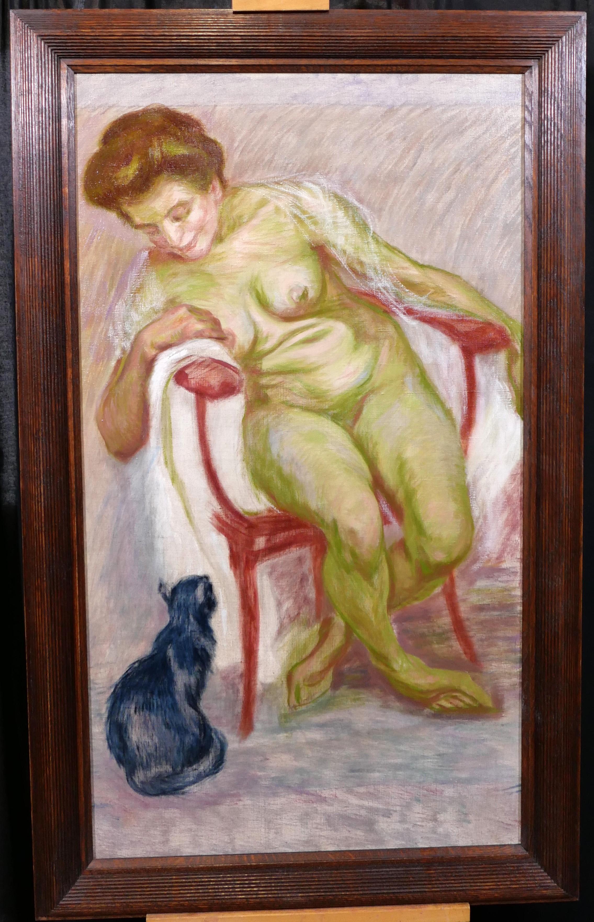 Nude woman and her cat, study in green - Painting by Raphaël-Léon Leguilloux
