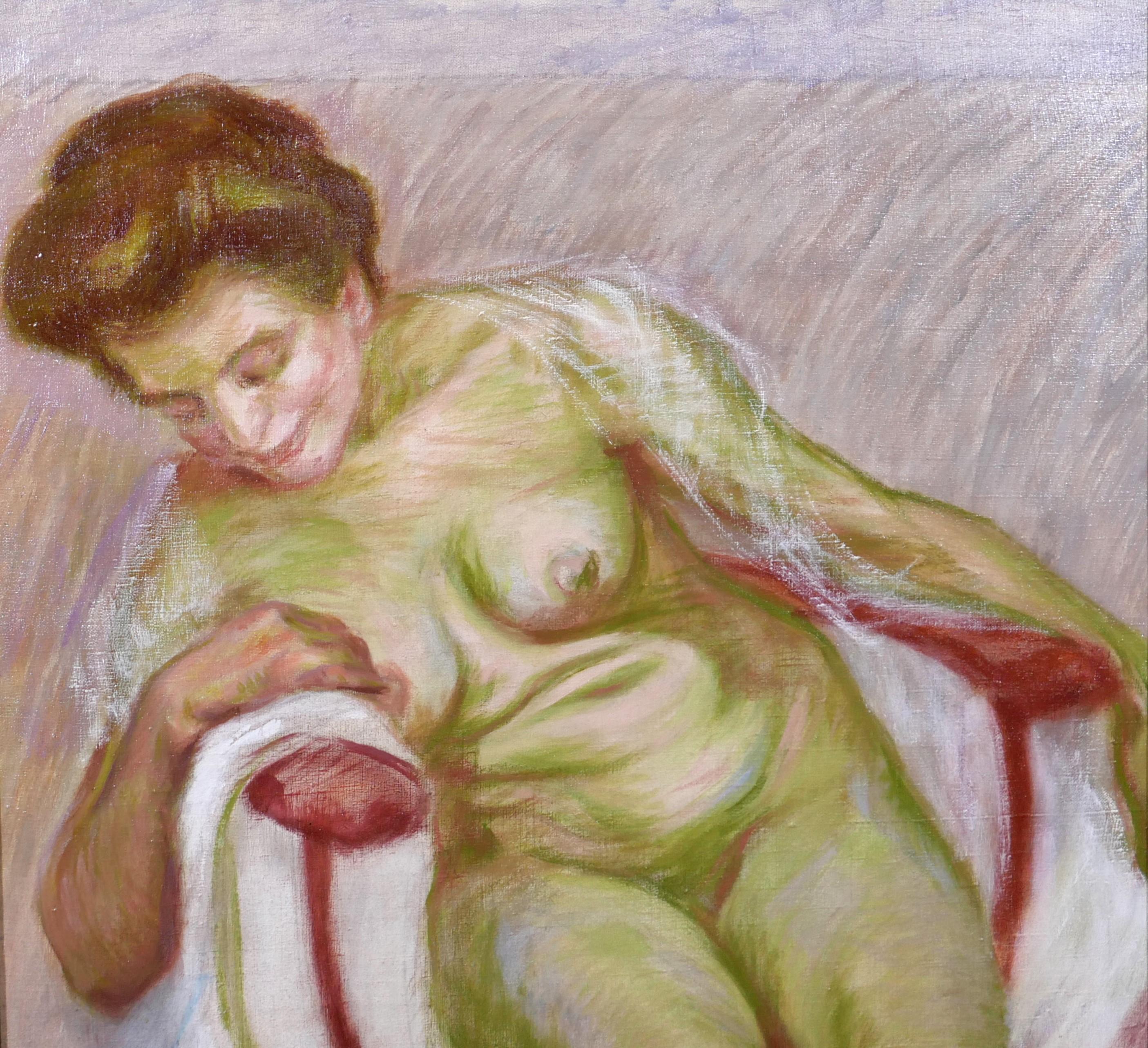 Nude woman and her cat, study in green - Art Nouveau Painting by Raphaël-Léon Leguilloux