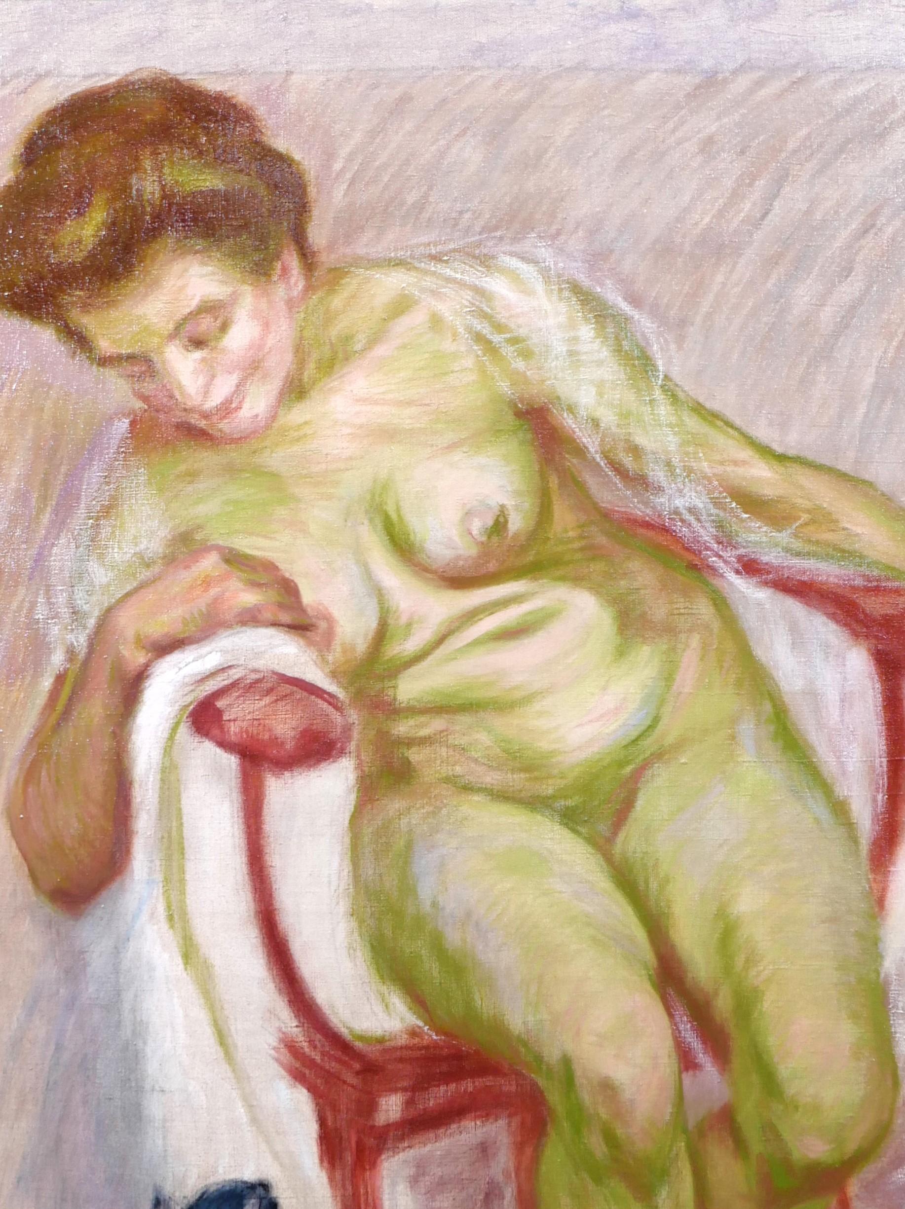 Nude woman and her cat, study in green For Sale 1