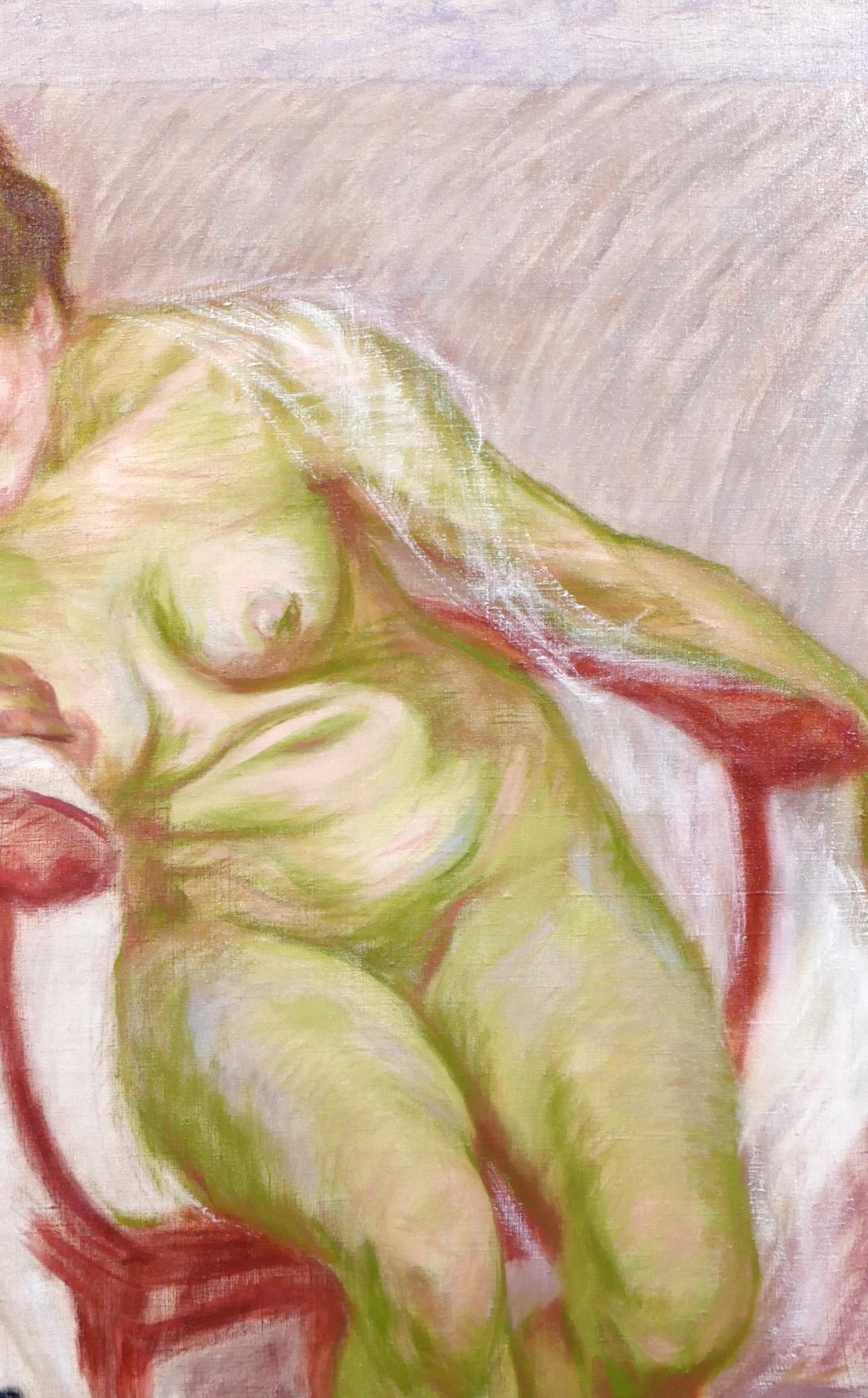 Nude woman and her cat, study in green For Sale 2