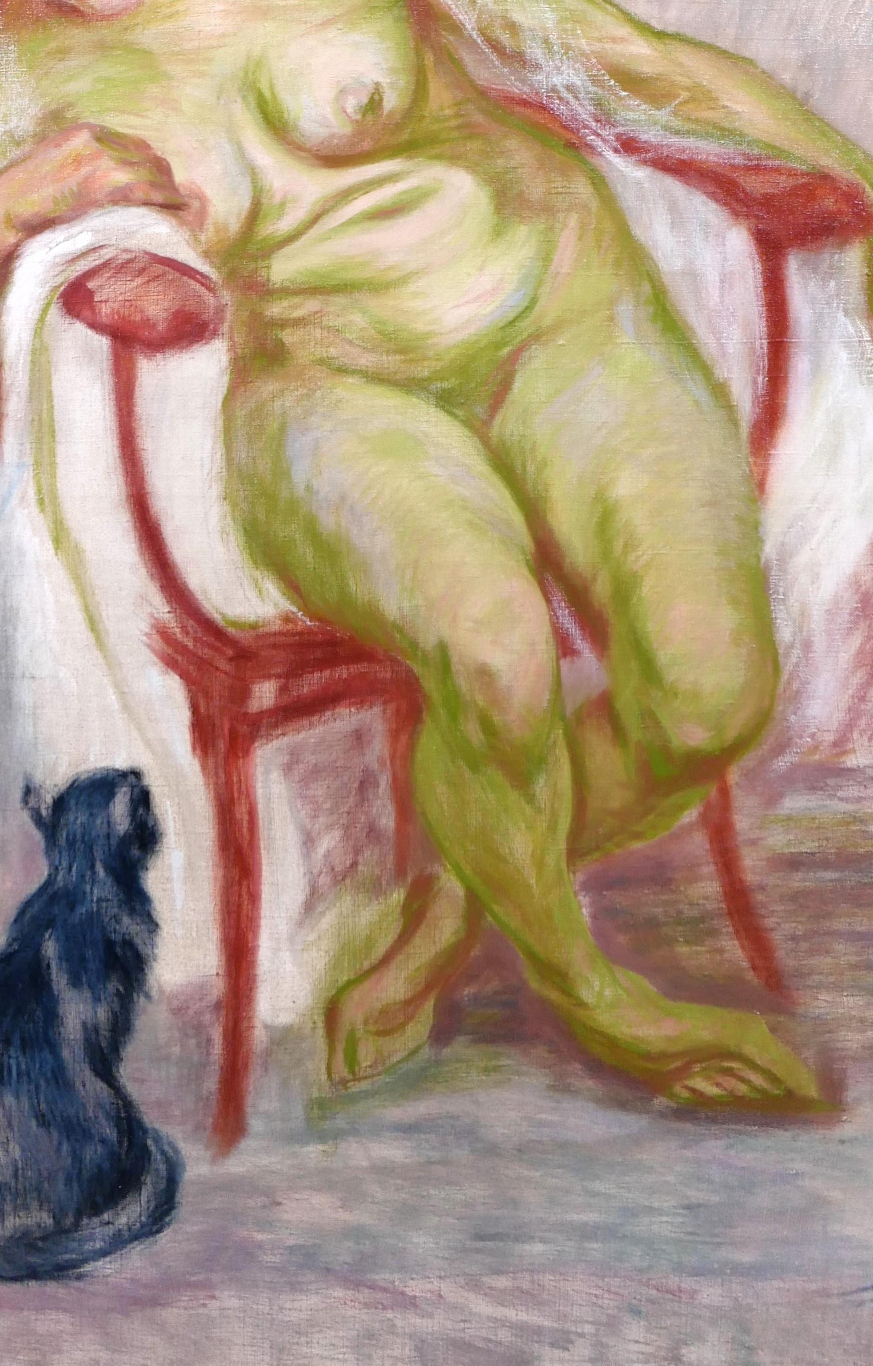 Nude woman and her cat, study in green For Sale 3