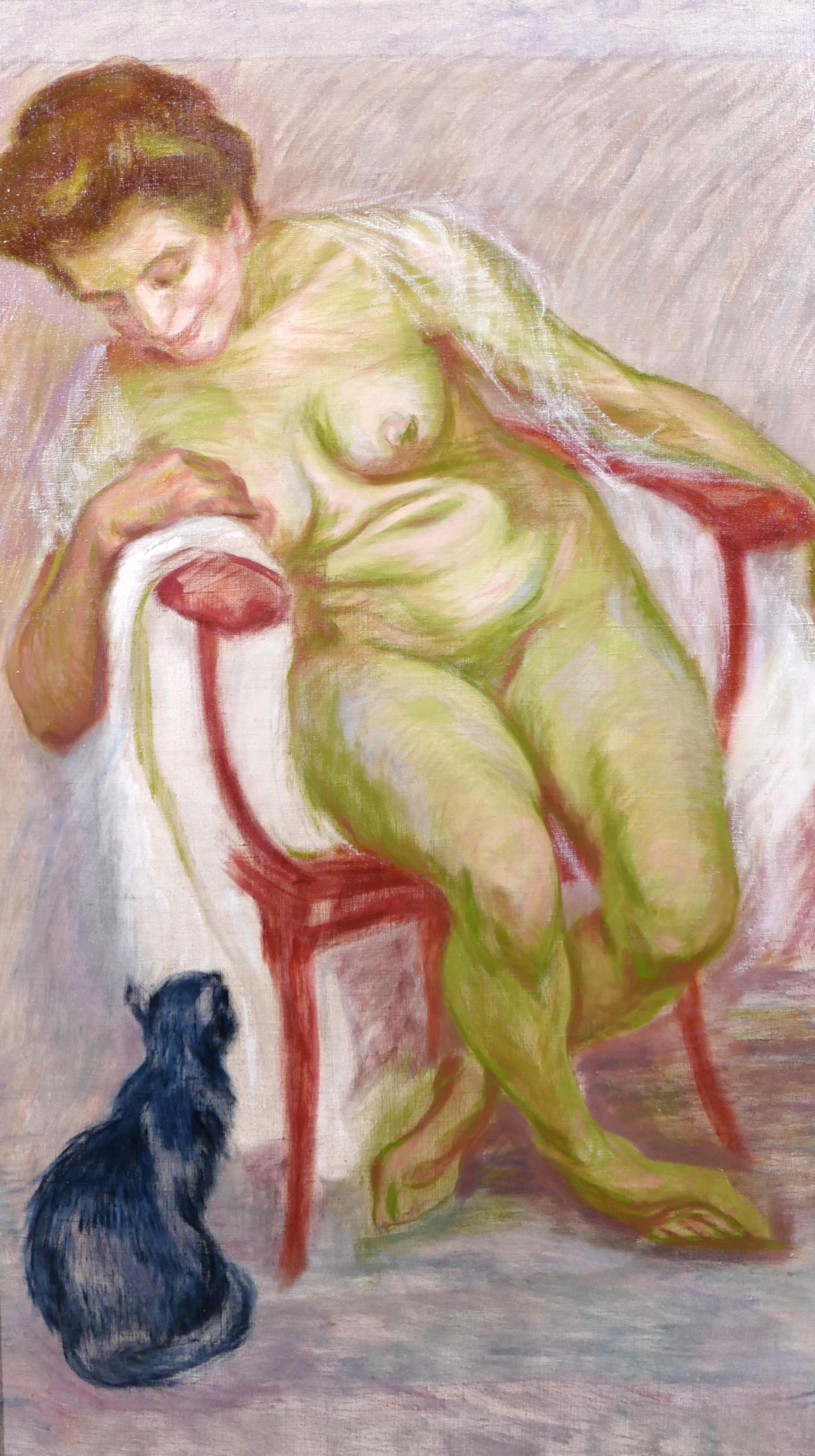 Raphaël-Léon Leguilloux Nude Painting - Nude woman and her cat, study in green