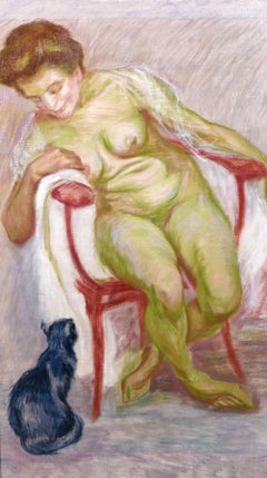 Antique Nude woman and her cat, study in green