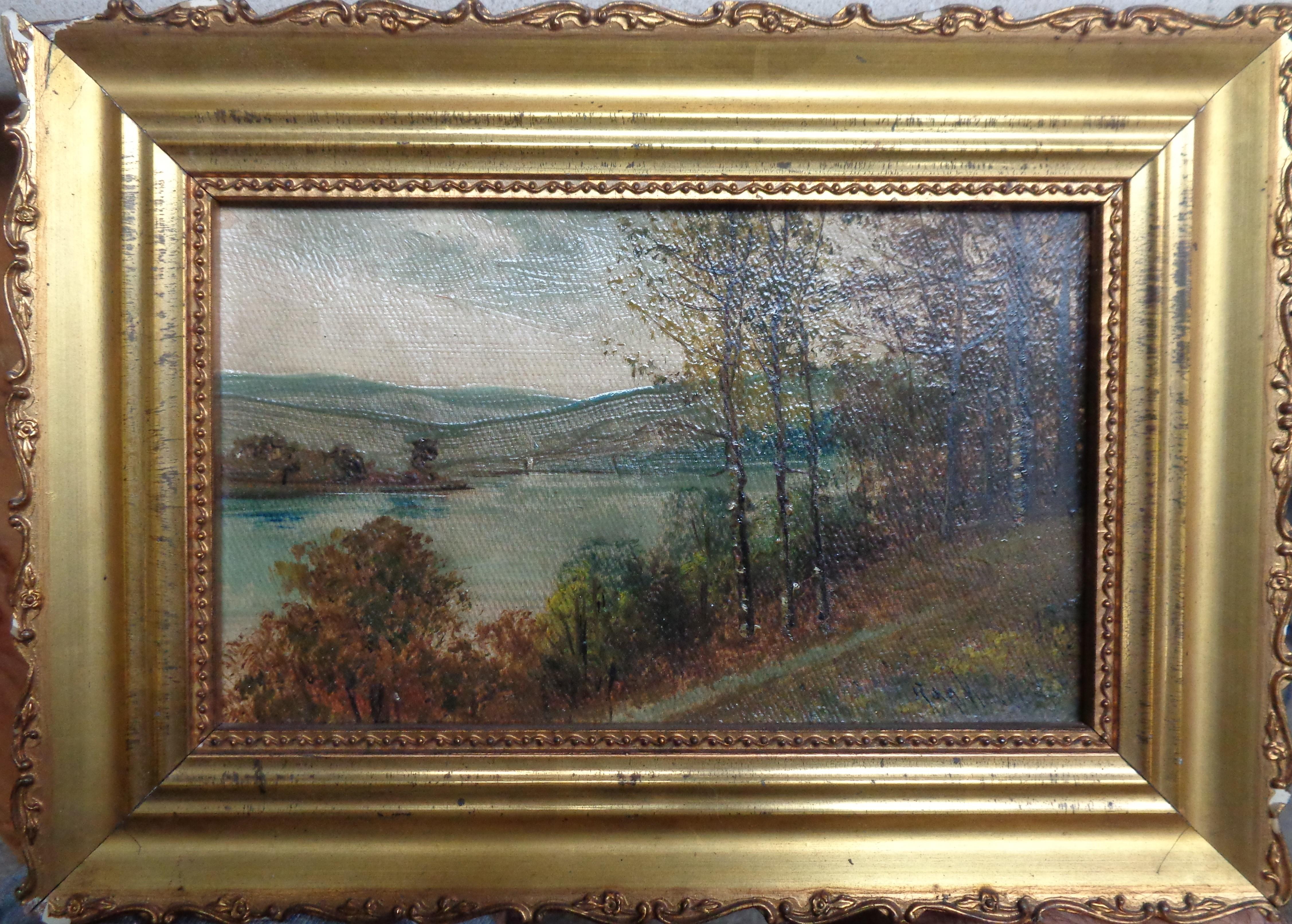  American Artist Autumn Lake Oil Painting Rapheal Sensman NJ PA - Brown Landscape Painting by Rapheal Senesman