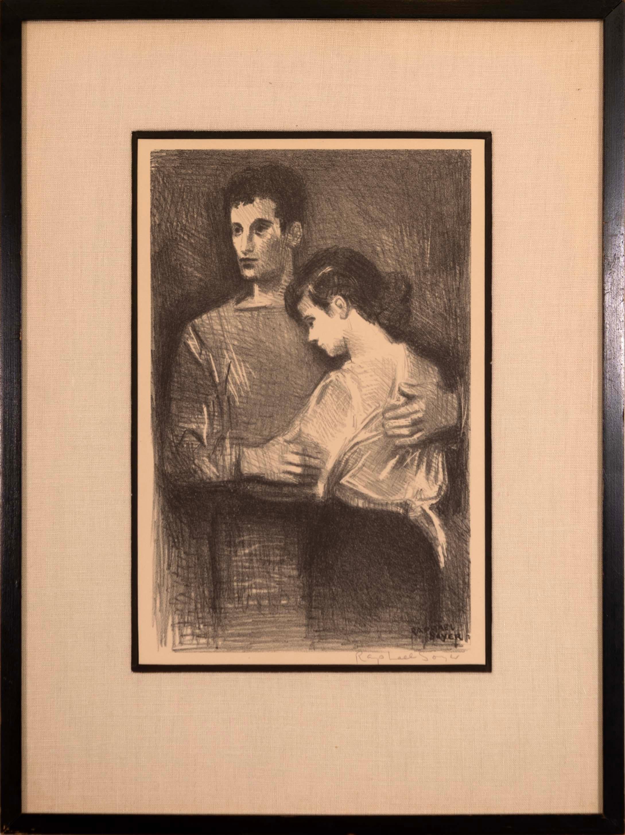 A sentimental lithograph on paper titled “Boy & Girl” by American artist Raphael Soyer. Hand signed in pencil on the bottom right. Published by Associated American Artists, New York in 1954. Raphael Soyer (1899-1987) was a painter, draughtsman, and