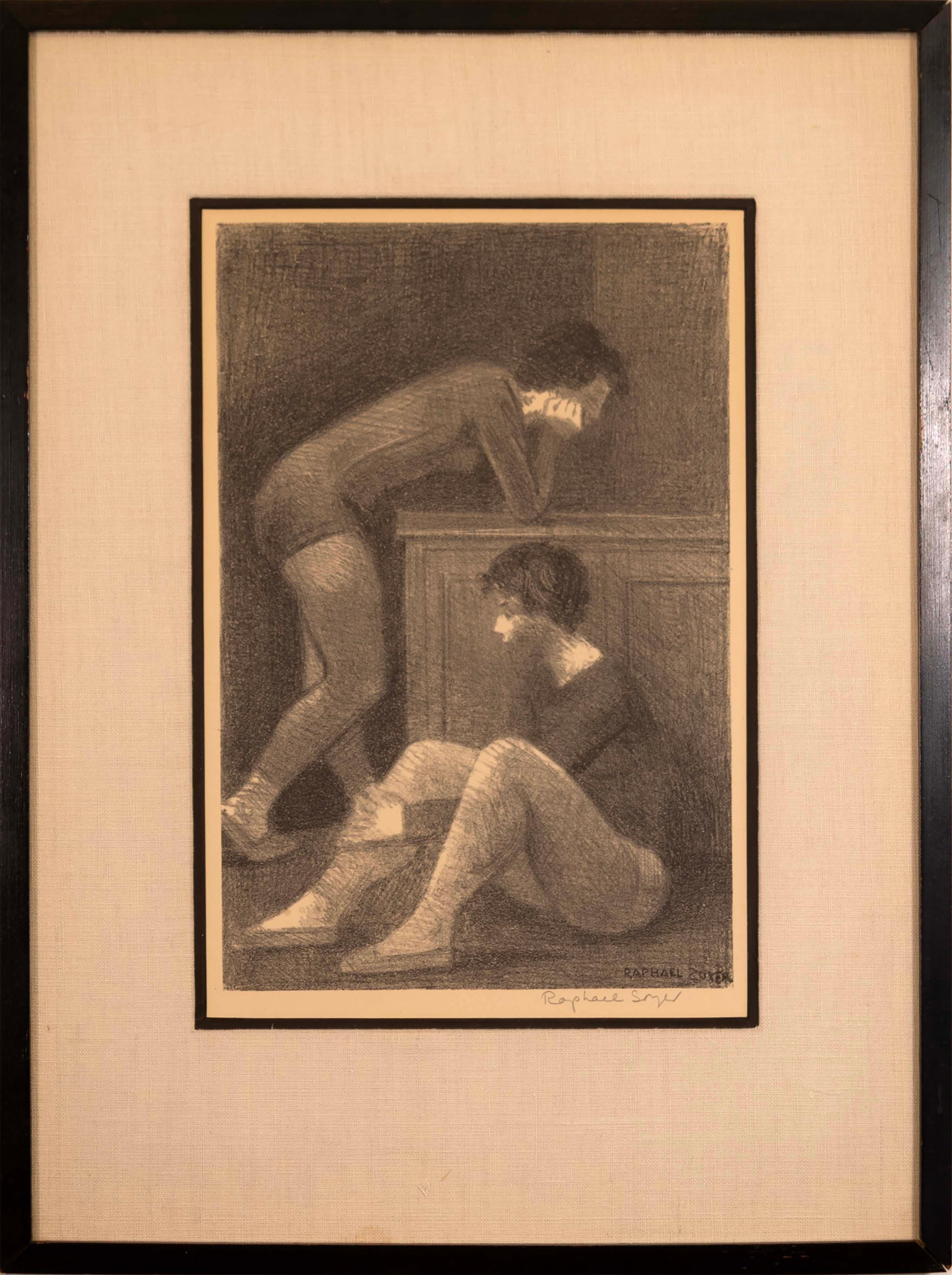 A pensive lithograph on paper titled “Dancers” by American artist Raphael Soyer. Hand signed in pencil on the bottom right. Published by Associated American Artists, New York in 1954. Raphael Soyer (1899-1987) was a painter, draughtsman, and