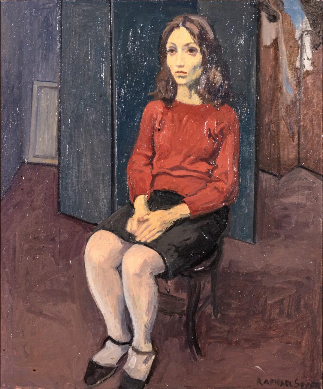 An original pensive oil painting on canvas titled “Seated Girl” by American artist Raphael Soyer. Hand signed bottom right. Circa 1950s. The painting depicts a young woman in red dressed in mid-20th century attire that was fashionable in the era.