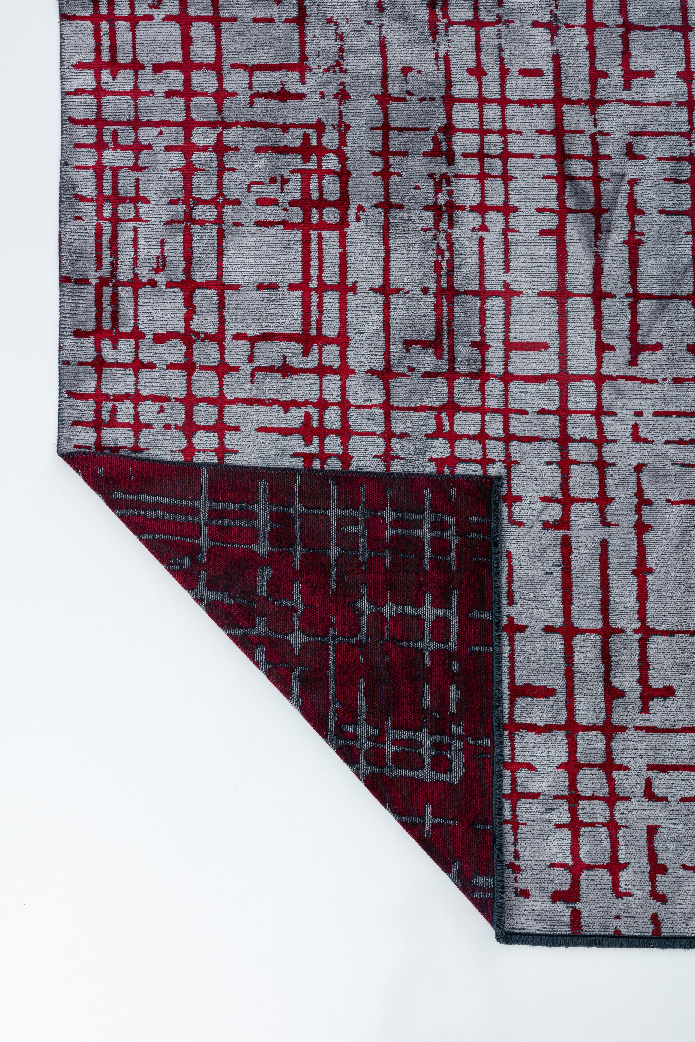 Im Angebot: Modern  Checkered Red Luxury Hand-Finished Vorleger,  (Grau) 3