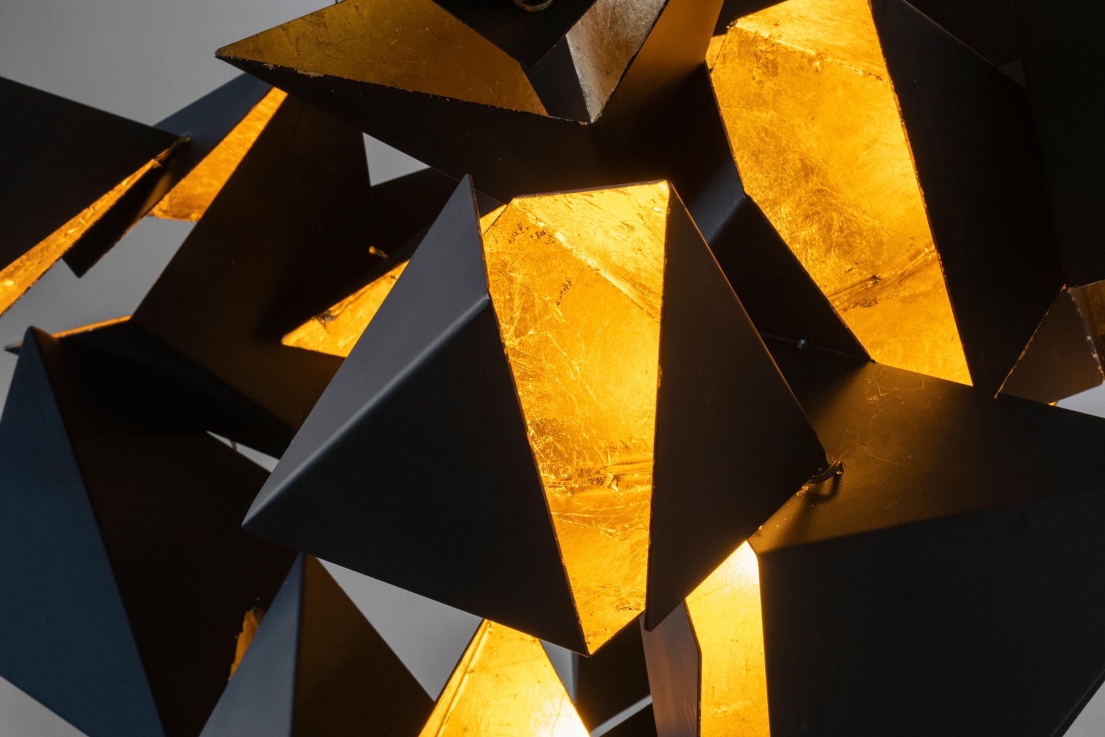 Steel Rapture Pendant, 7 Pod Grouping, Matte Black Exterior + Brassy Gold Interior For Sale