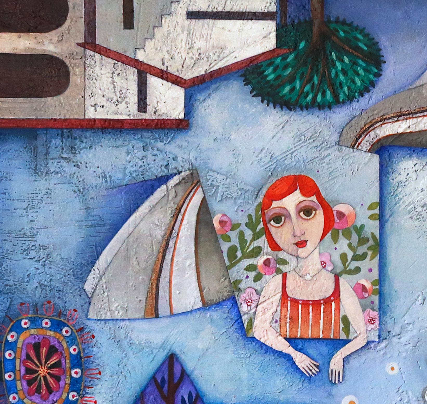 Ein Hauch von frischer Luft. Symbolische Volkskunst-Landschaft aus Acrylfarbe mit Figur – Painting von Raquel Fariñas