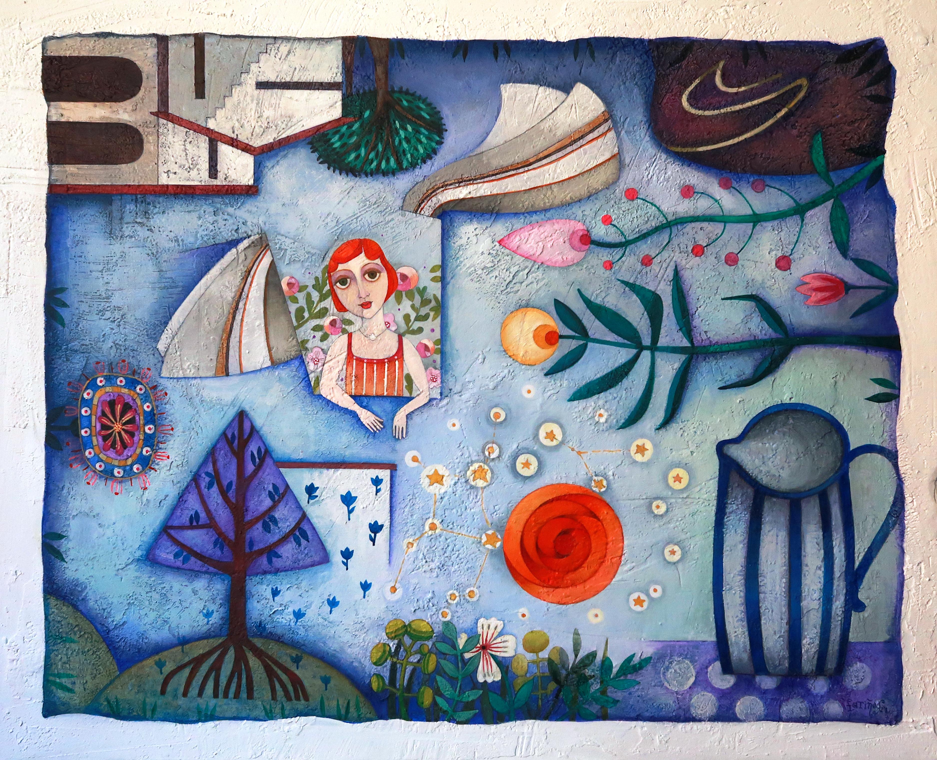 Un soplo de aire fresco. Simbólico Pintura acrílica Arte popular Paisaje con figura