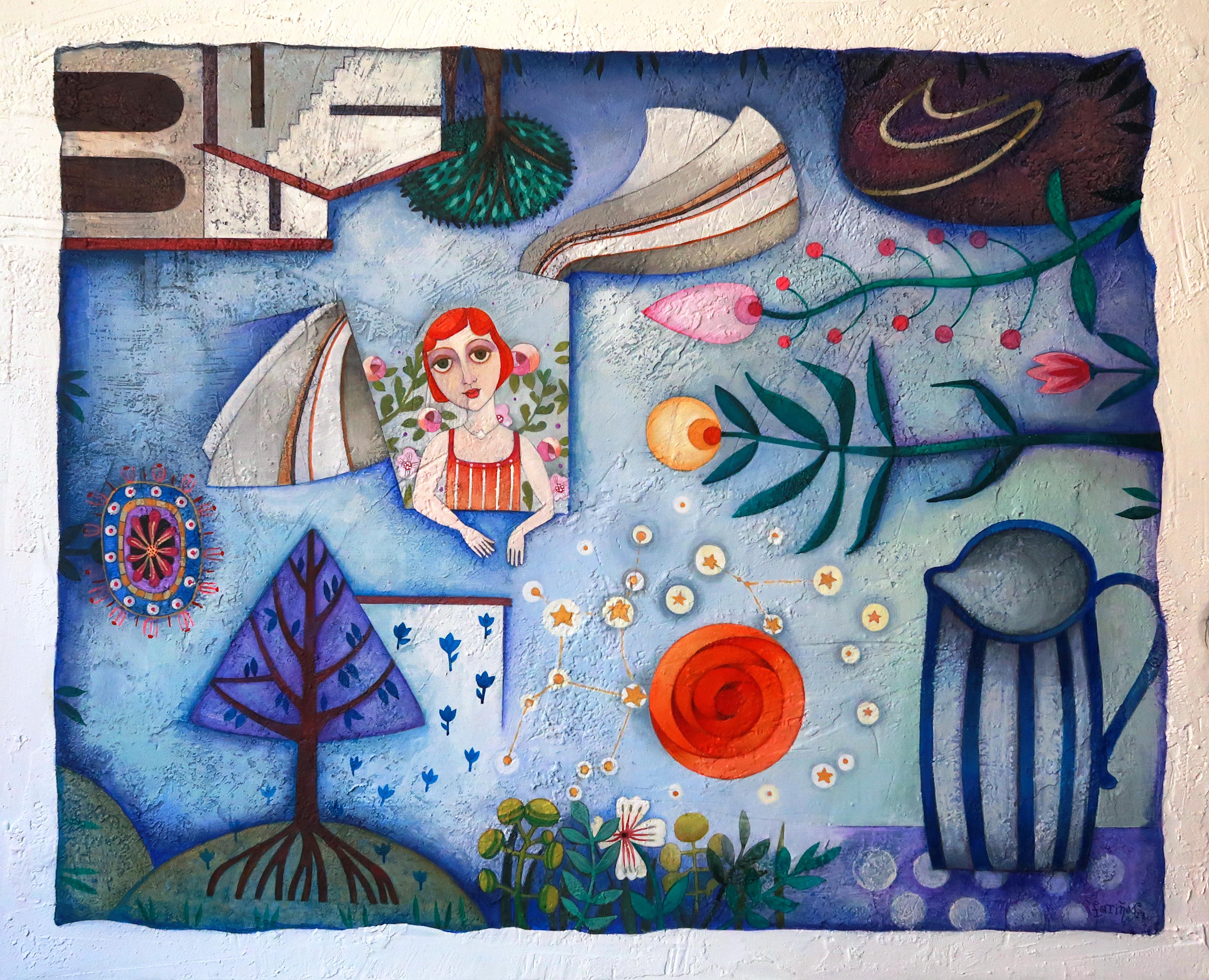 A breath of fresh air. Symbolic Acrylic paint Folk Art Landscape with figure