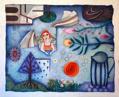 A breath of fresh air. Symbolic Acrylic paint Folk Art Landscape with figure