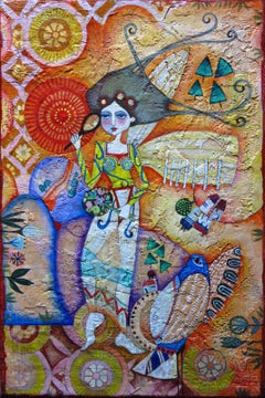 "Back". Raquel Fariñas symbolic and colorful Folk Art style painting
