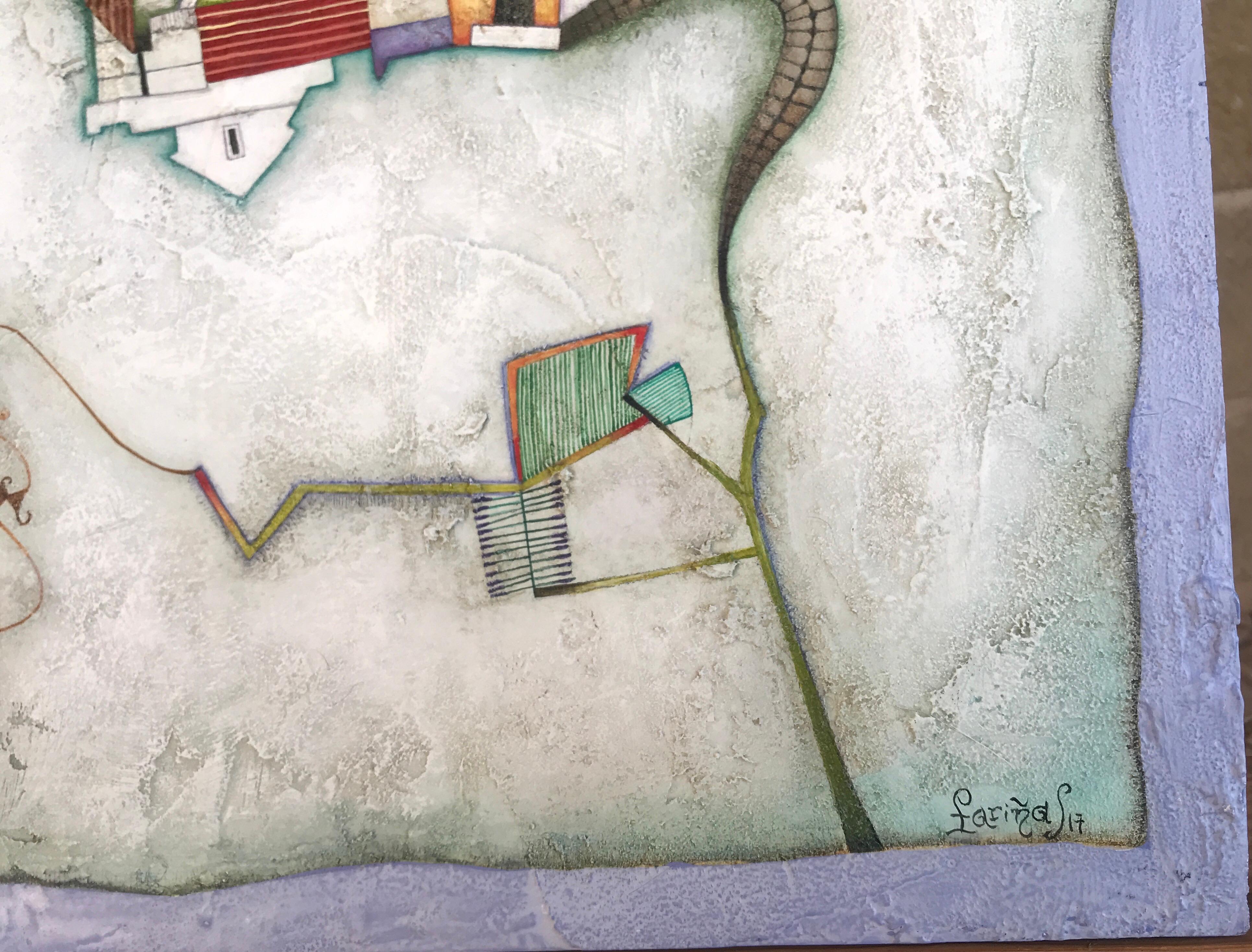 Gekennzeichnet. Symbolisches grau-blaues Acryl auf Tafel von Raquel Farias, Volkskunst  Landschaftslandschaft (Grau), Landscape Painting, von Raquel Fariñas