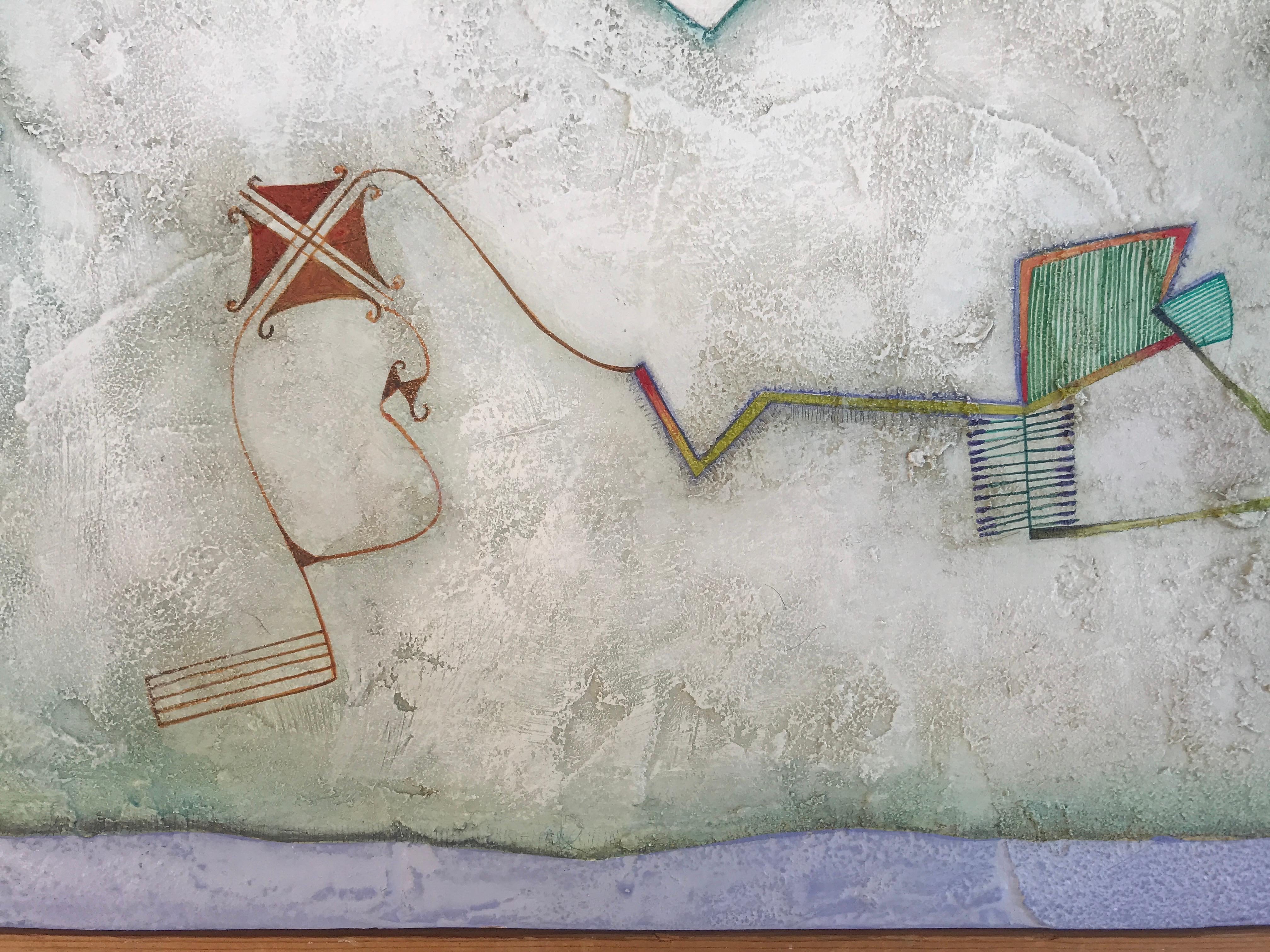 Cemented. Raquel Fariñas Symbolic Grey-Blue Acrylic on panel Folk Art  Landscape For Sale 1