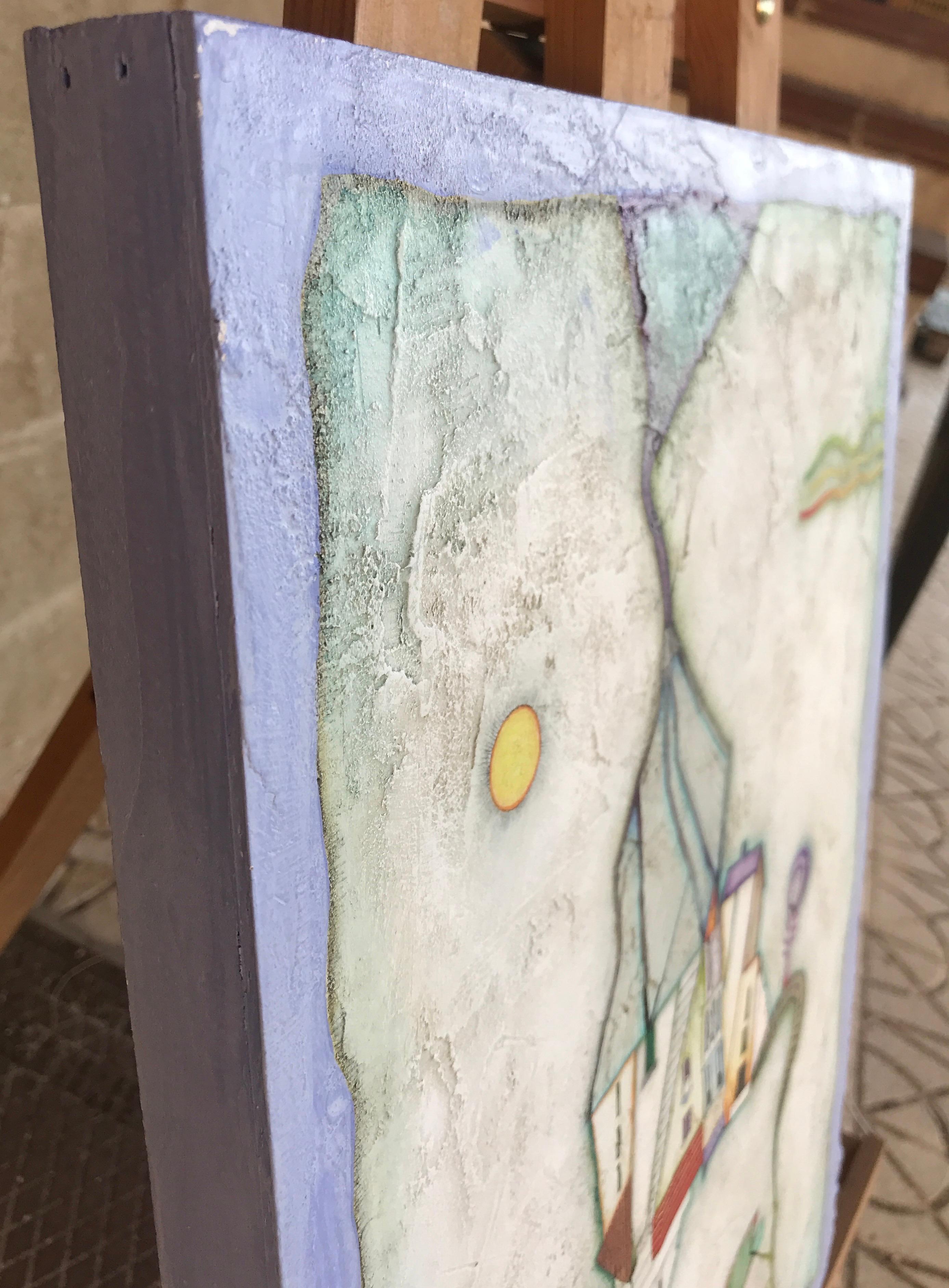 Cemented. Raquel Fariñas Symbolic Grey-Blue Acrylic on panel Folk Art  Landscape For Sale 3