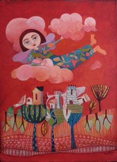 "Clearing Clouds" Raquel Fariñas Symbolic Colorful Red Folk Art Landscape-figure