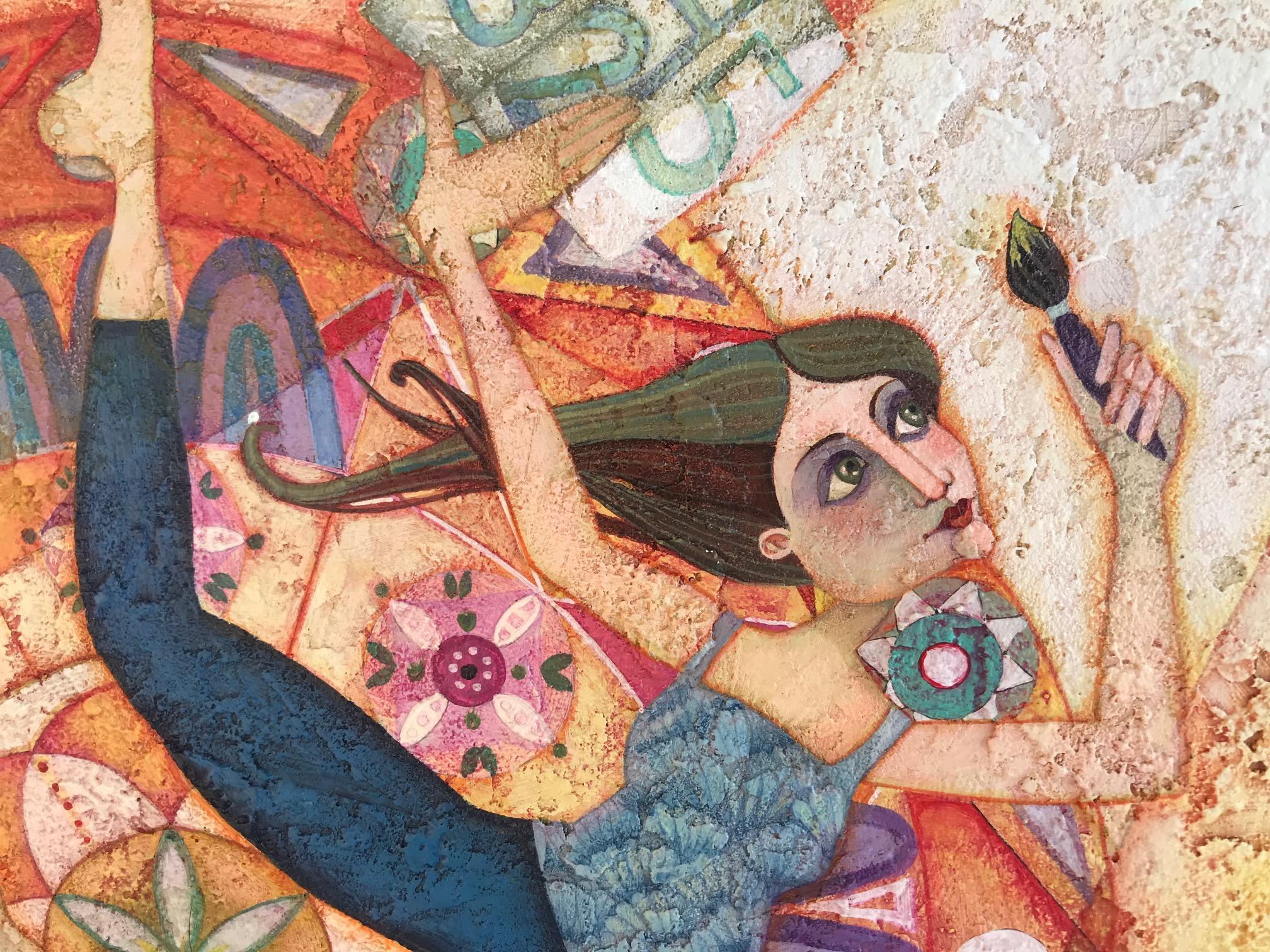 The Quantic Liap. Symbolic Acrylic paint Colorful Folk Art Landscape with figure - Brown Landscape Painting by Raquel Fariñas