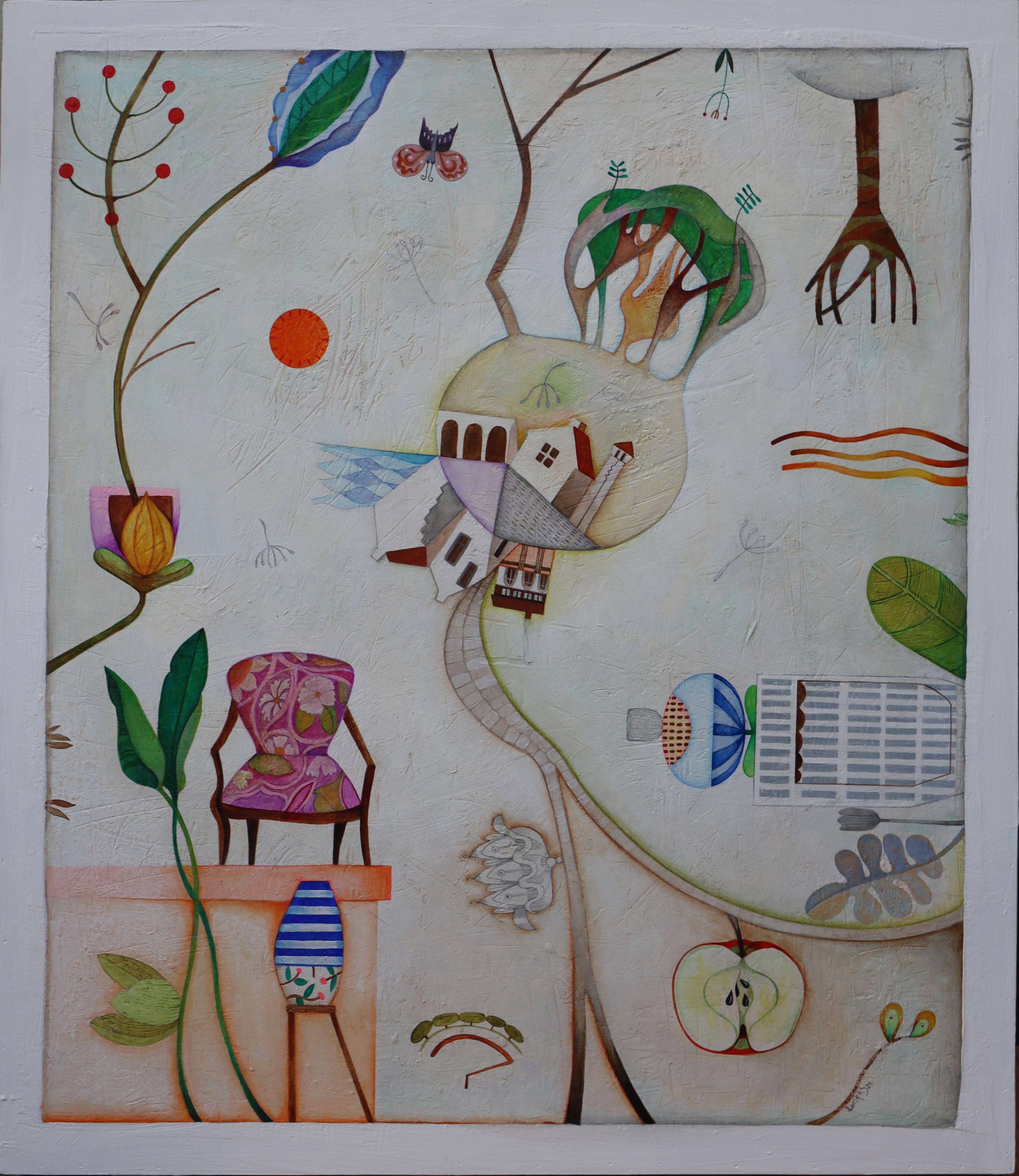 "En El Ser". Pintura Simbólica. Paisaje de arte popular con figuras.