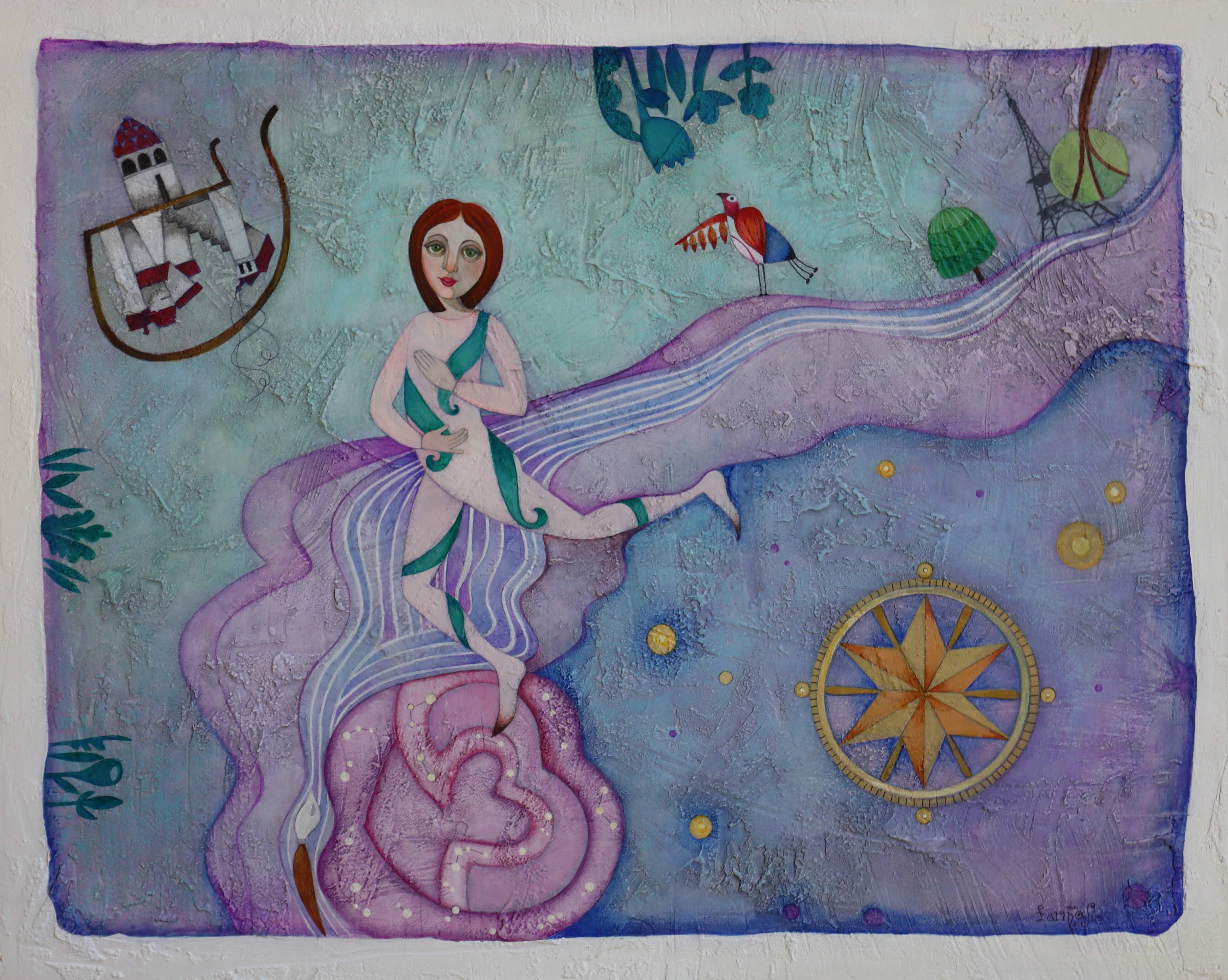 "En El Ser". Pintura Simbólica. Paisaje de arte popular con figuras.