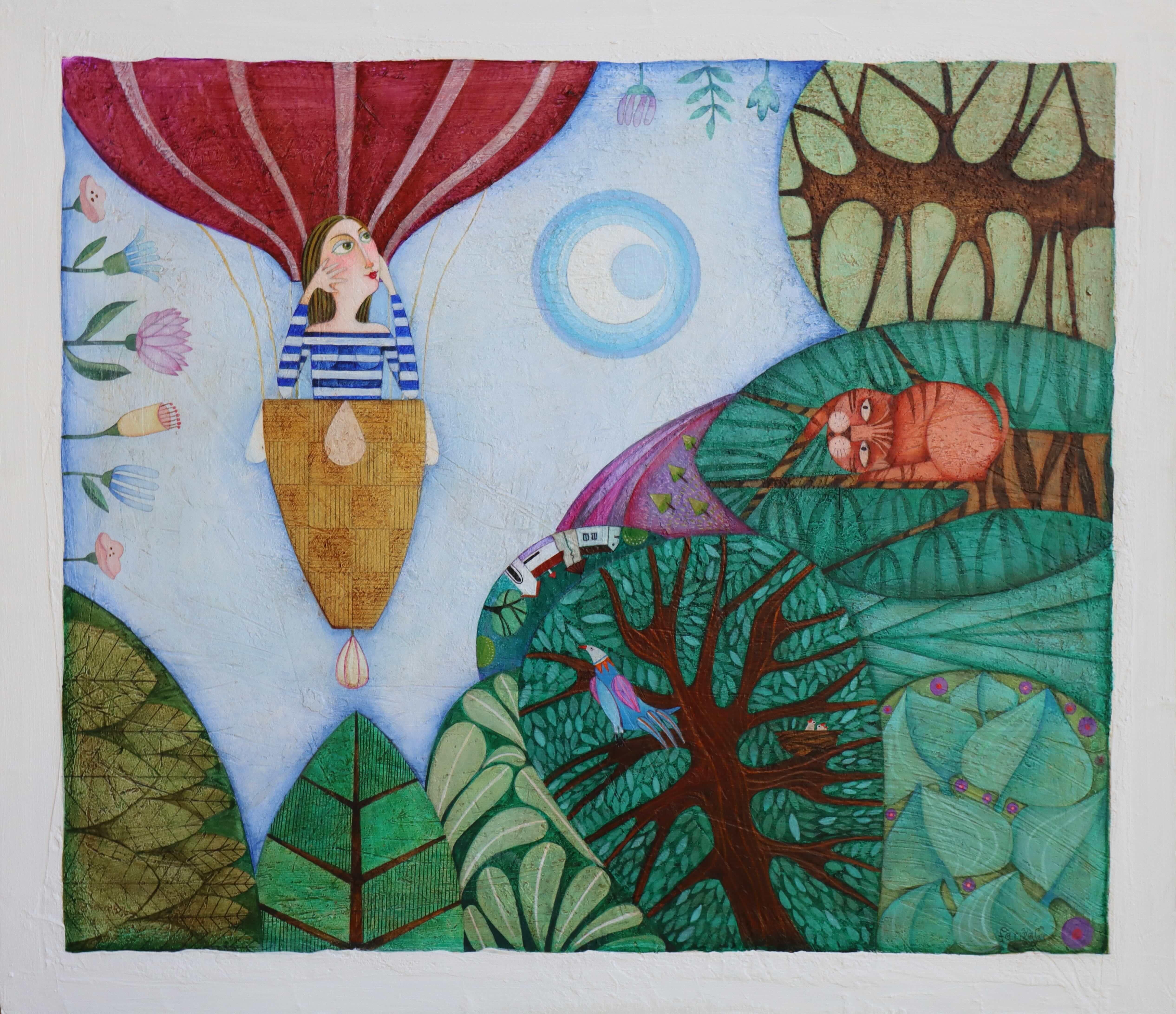 "Es Posible sin Alas". Pintura Simbólica. Paisaje de arte popular con figuras.