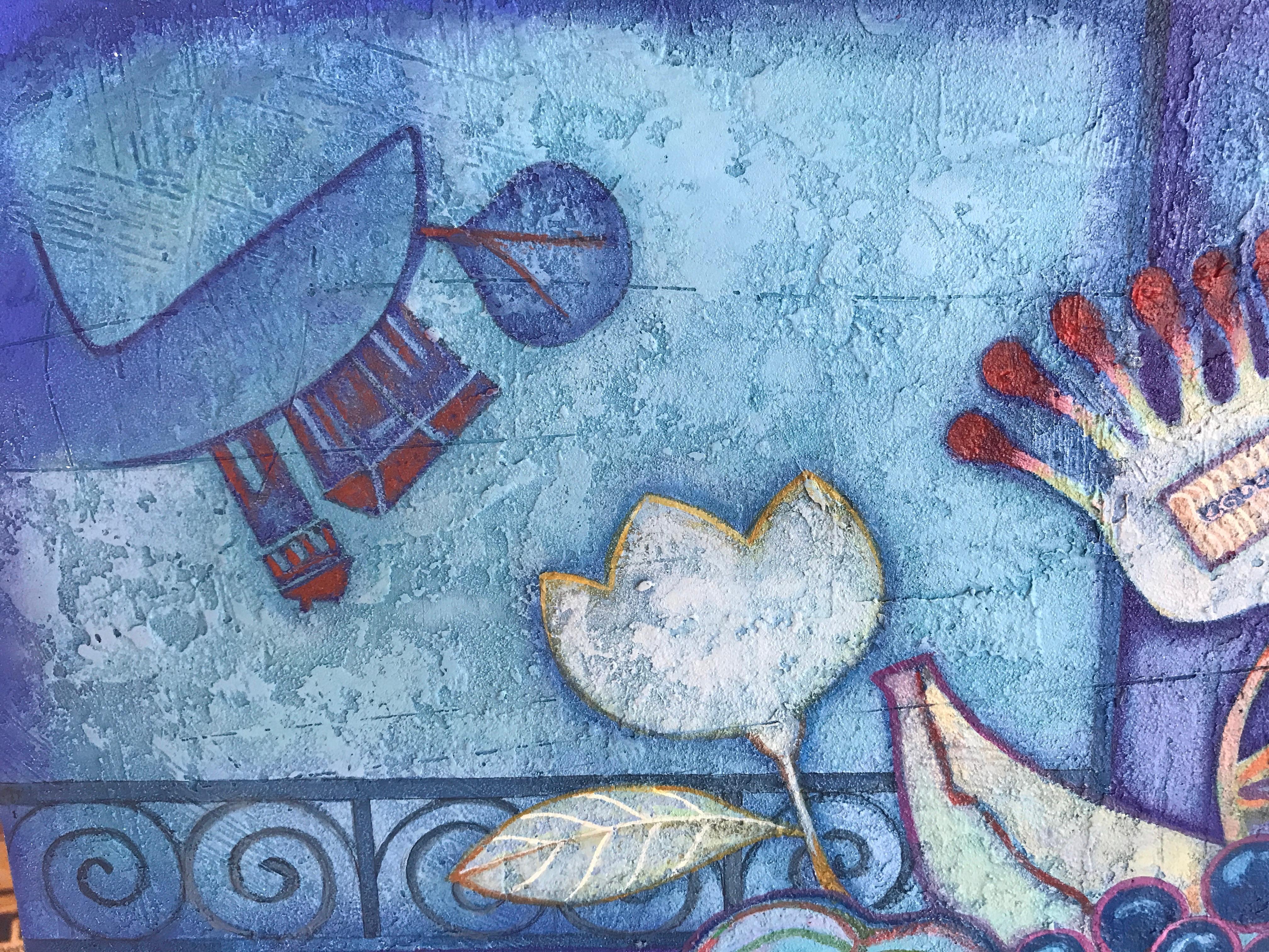 Evening in peace. Raquel Fariñas Symbolic Blue Folk Art Still-life For Sale 3
