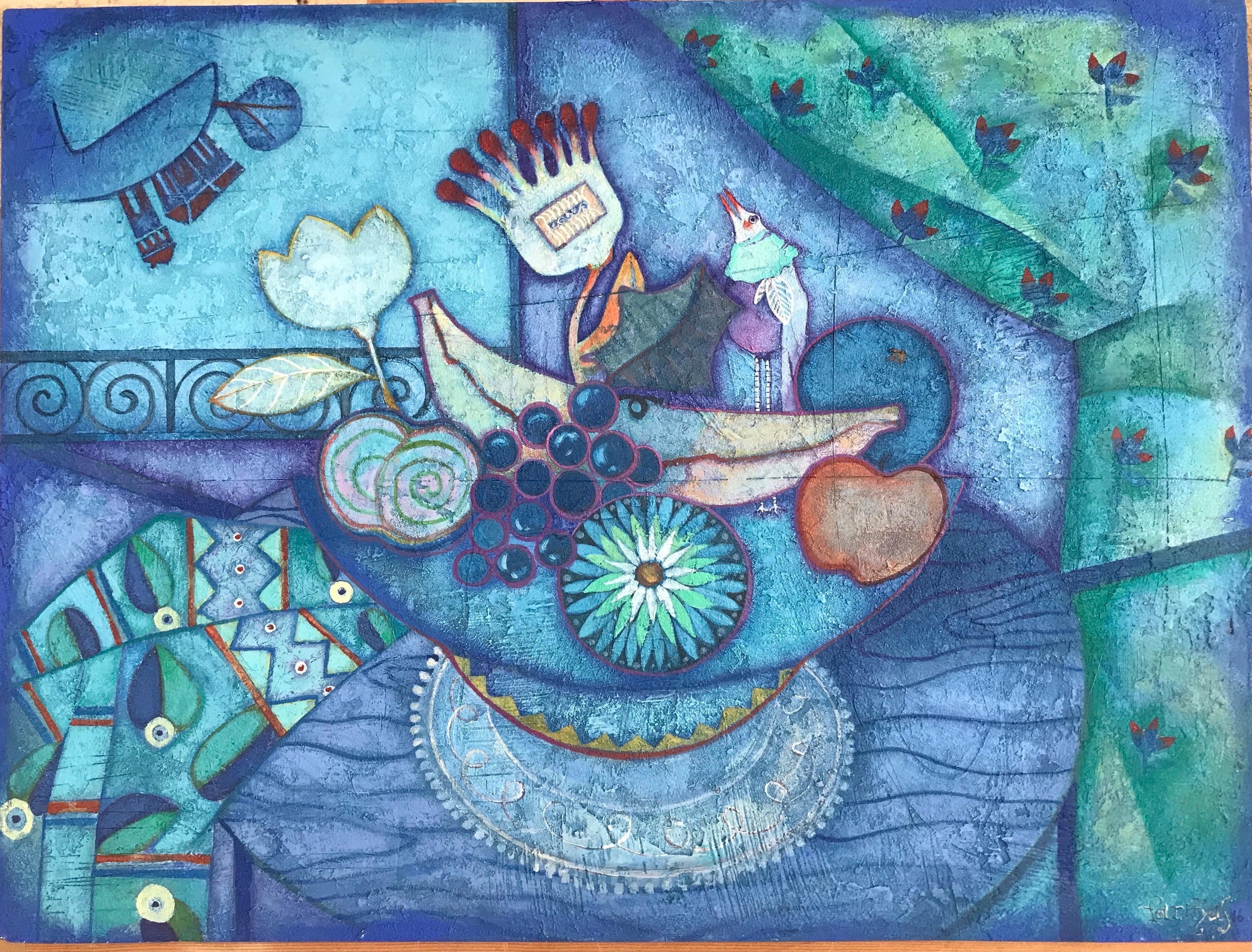 Soirée en paix. Nature morte d'art populaire bleu symbolique de Raquel Farias - Painting de Raquel Fariñas