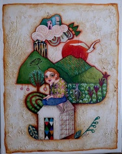 I Know. Raquel Fariñas Acrylic Symbolic Colorful Landscape with figure Folk Art