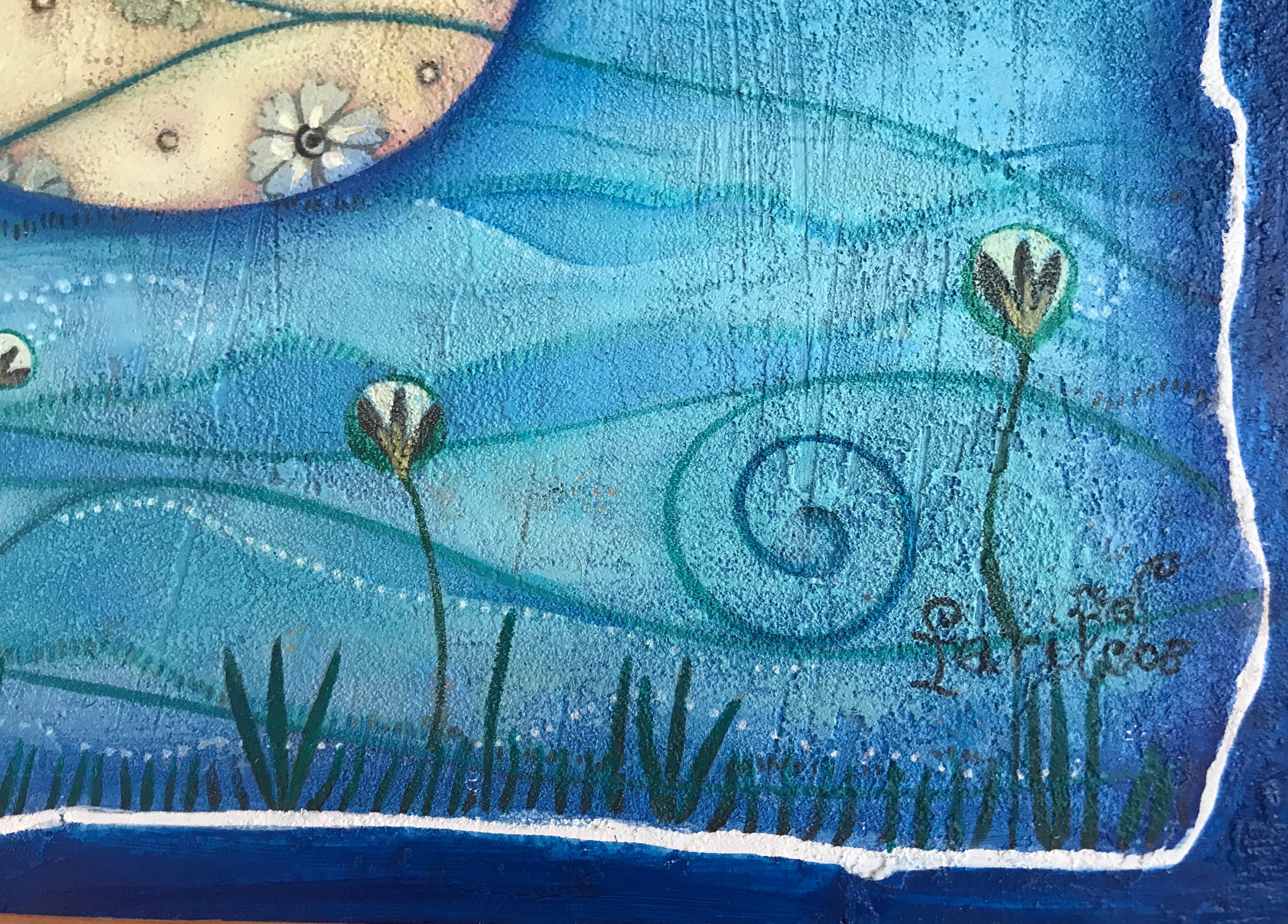 If it was wind..., Raquel Farias Symbolische blaue Landschaft mit Figuren Volkskunst  (Blau), Figurative Painting, von Raquel Fariñas