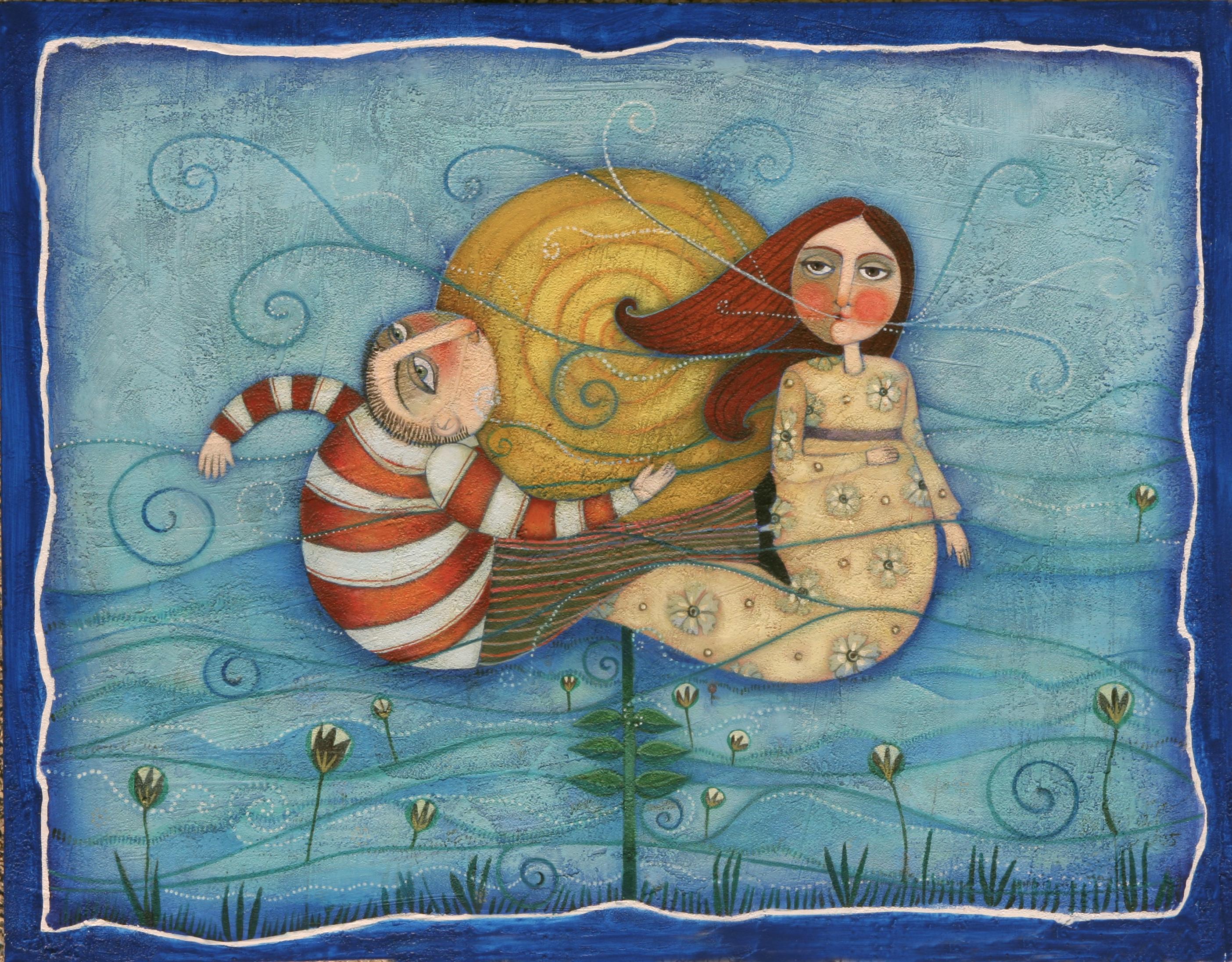 Si fuera viento..., Raquel Fariñas Paisaje simbólico azul con figuras Arte popular