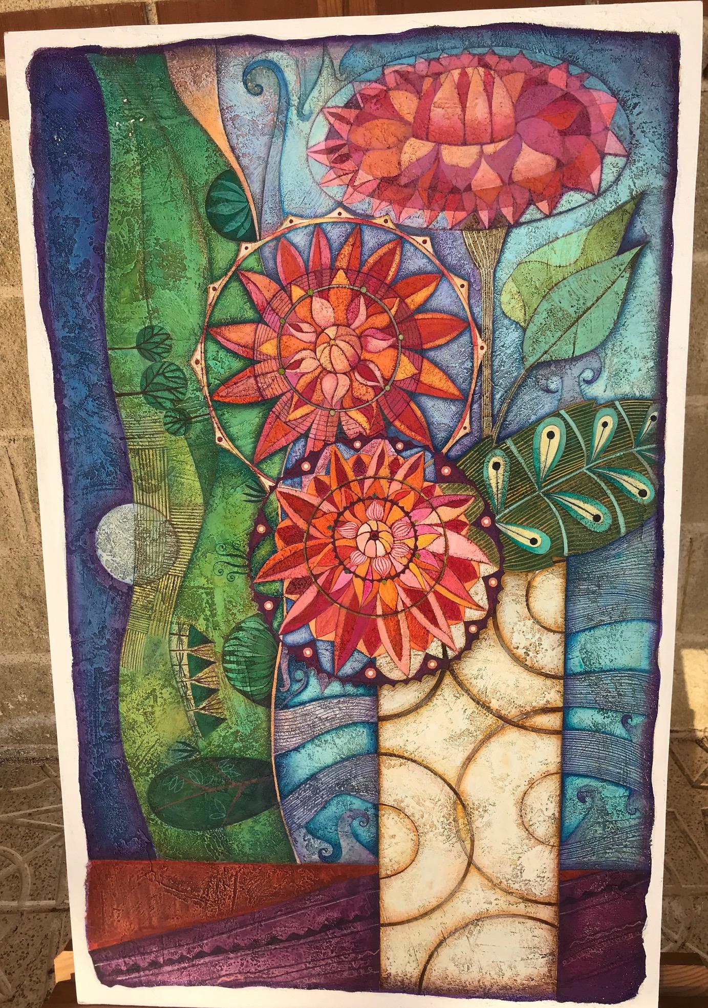 Di fronte al mare. Acrilico su legno Raquel Fariñas Folk Art Still-life Fiori in vendita 2