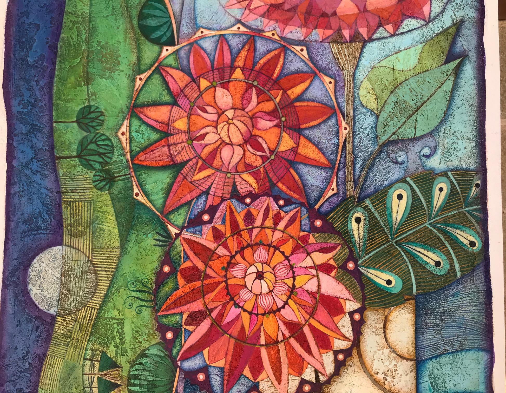 Di fronte al mare. Acrilico su legno Raquel Fariñas Folk Art Still-life Fiori in vendita 4