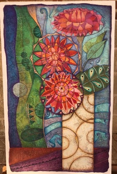 Di fronte al mare. Acrilico su legno Raquel Fariñas Folk Art Still-life Fiori