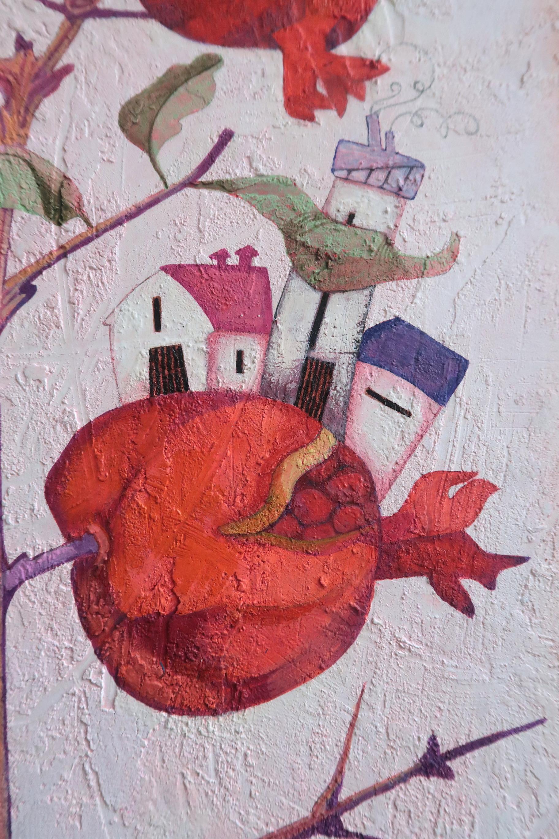 Es handelt sich um mehr als eine Früchte. Symbolische rote Volkskunst-Landschafts-Figur von Raquel Farias (Grau), Figurative Painting, von Raquel Fariñas