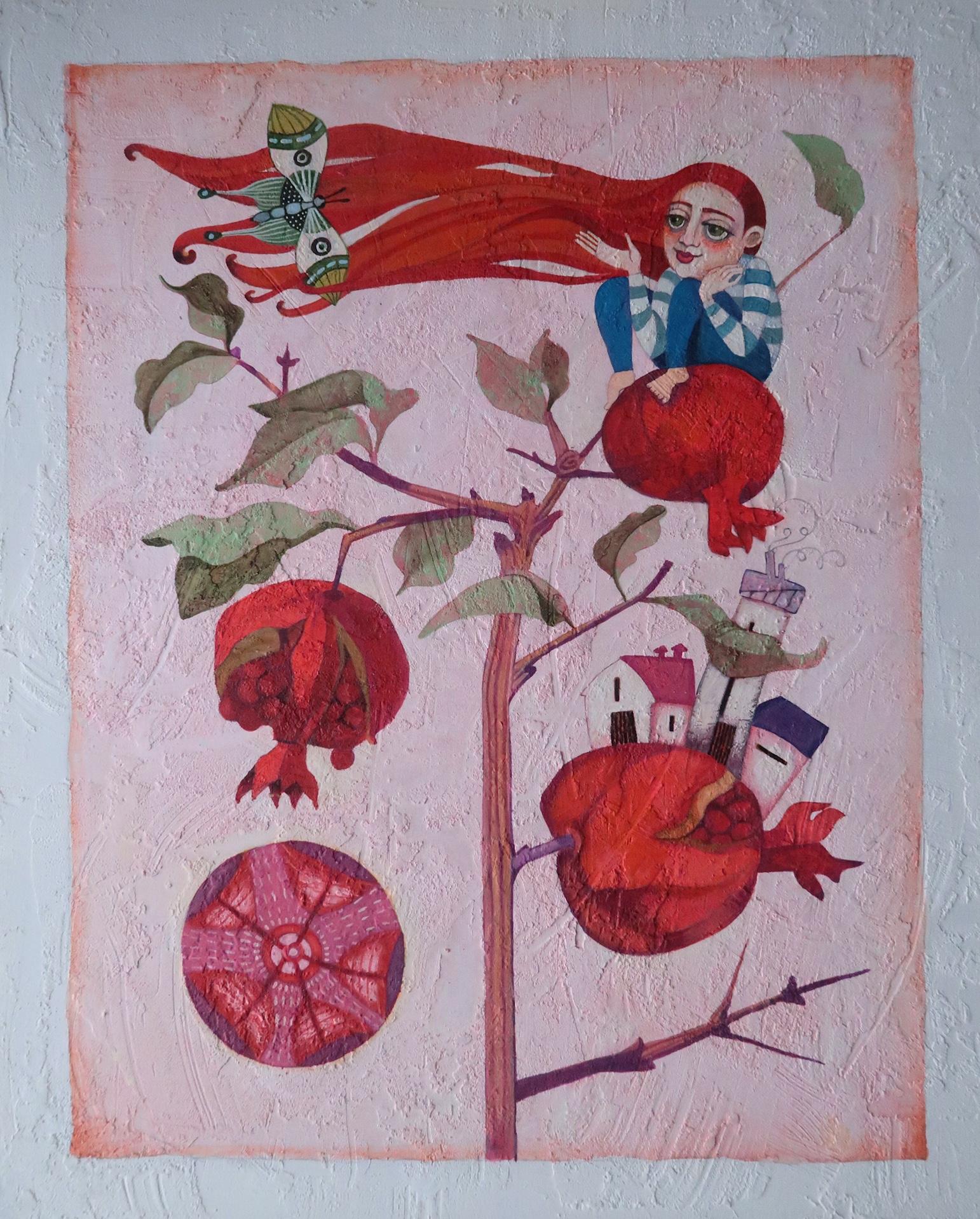 Raquel Fariñas Figurative Painting – Es handelt sich um mehr als eine Früchte. Symbolische rote Volkskunst-Landschafts-Figur von Raquel Farias