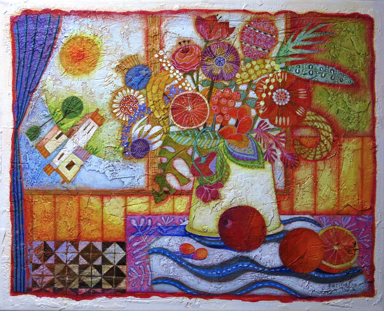 It's Light. Colorful interior with still-live. Acrylic on panel Folk Art - Painting by Raquel Fariñas