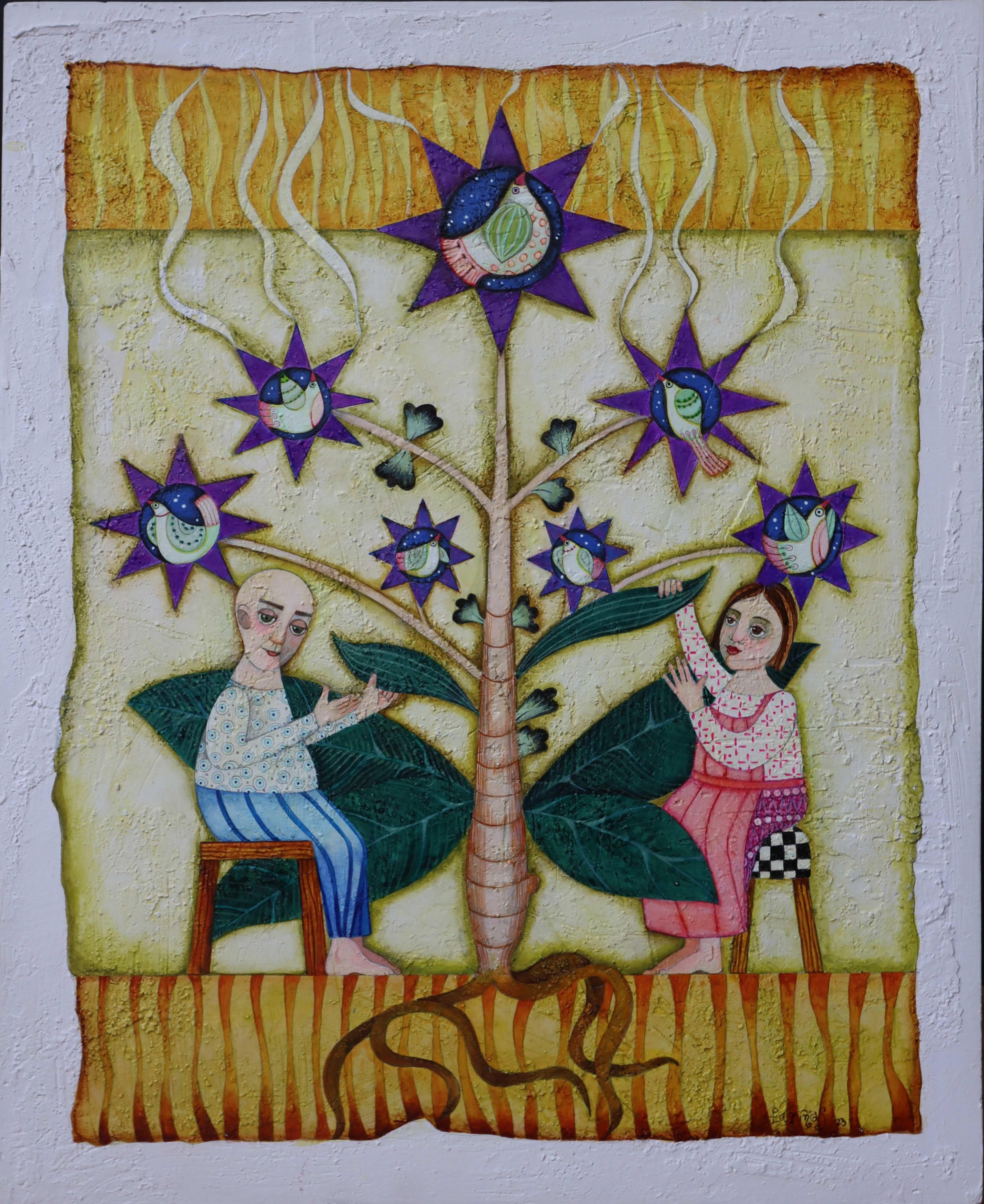 « Los Recolectores » (Les Gatheres). Peinture symbolique. Art populaire avec figures. - Painting de Raquel Fariñas