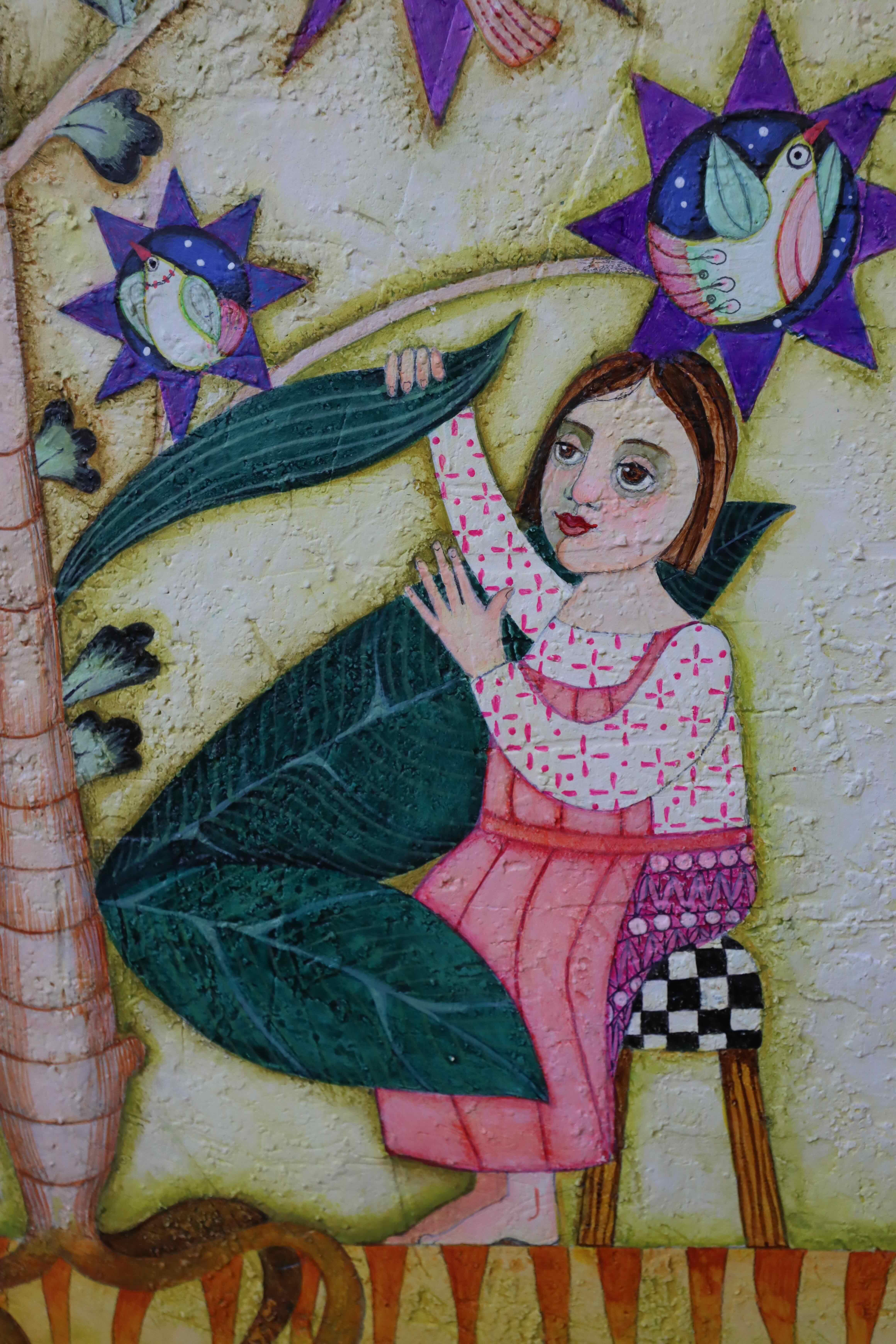 « Los Recolectores » (Les Gatheres). Peinture symbolique. Art populaire avec figures. - Artisanat Painting par Raquel Fariñas