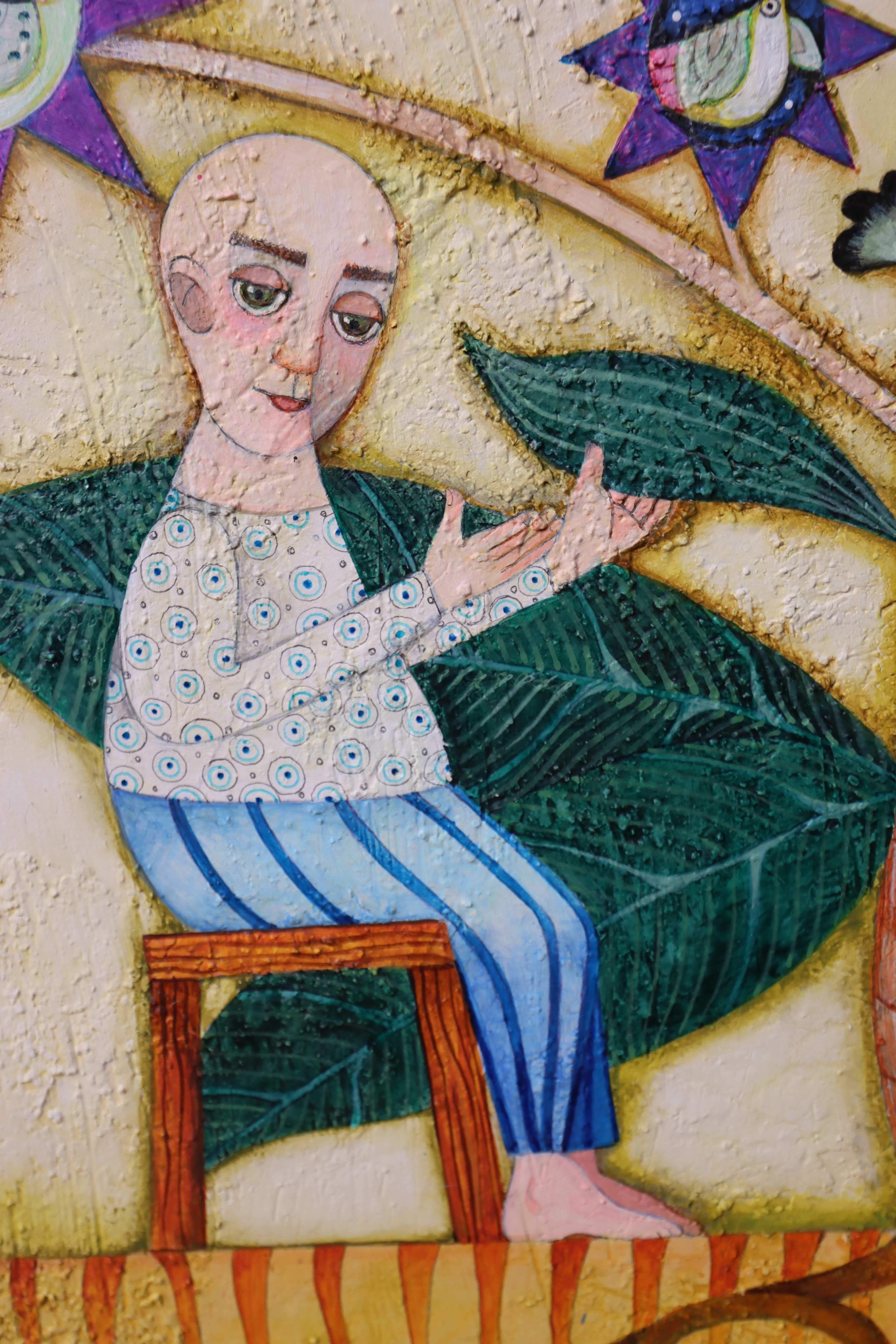 « Los Recolectores » (Les Gatheres). Peinture symbolique. Art populaire avec figures. - Gris Figurative Painting par Raquel Fariñas