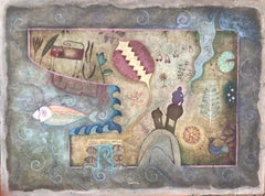 "The way home". Raquel Fariñas.  Symbolic Folk Art Acrylic on wood Landscape.