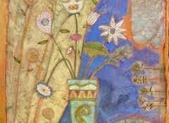 The window (La ventana) Folk Art. Green, blue, yellow, orange interior scene