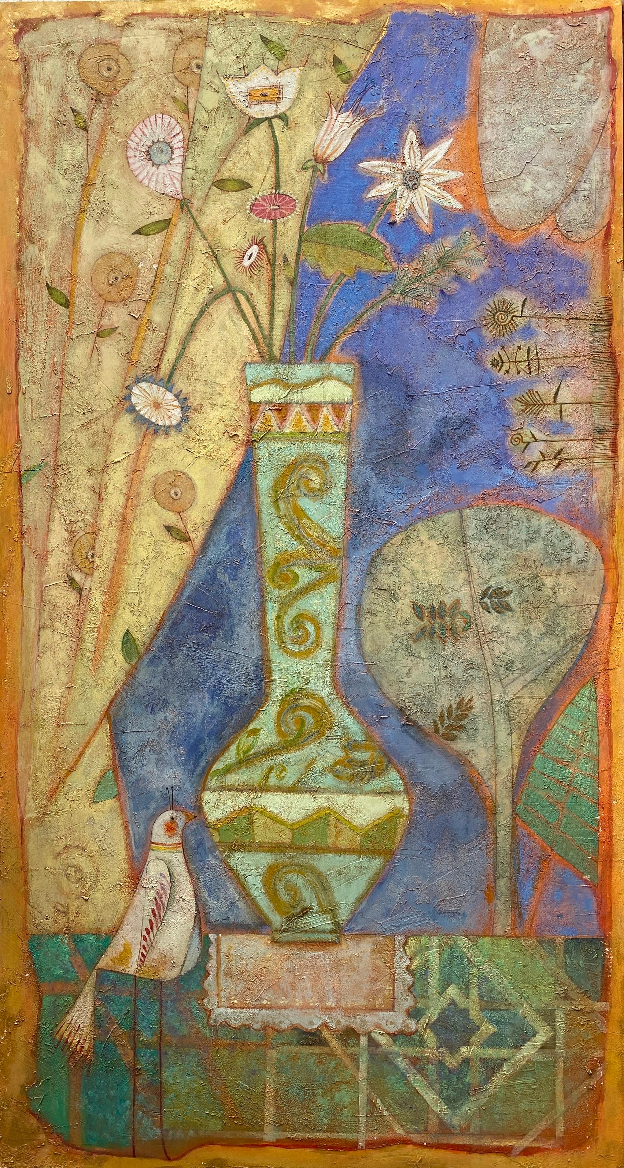 The window (La ventana) Folk Art. Green, blue, yellow, orange interior scene