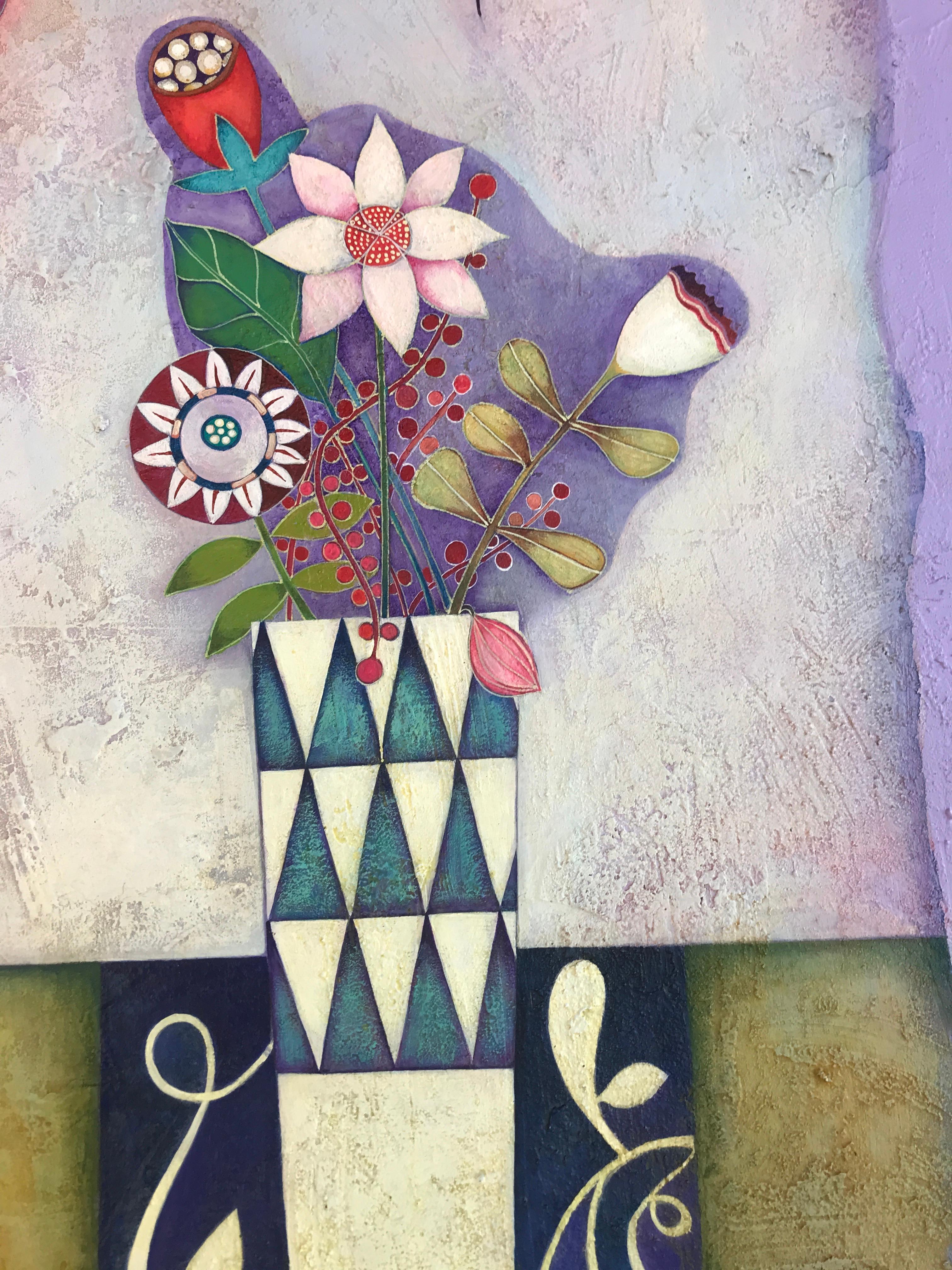Zu dieser Zeit habe ich Blumen gelegt. Symbolisches, farbenfrohes Volkskunst-Stillleben von Raquel Farias  im Angebot 2