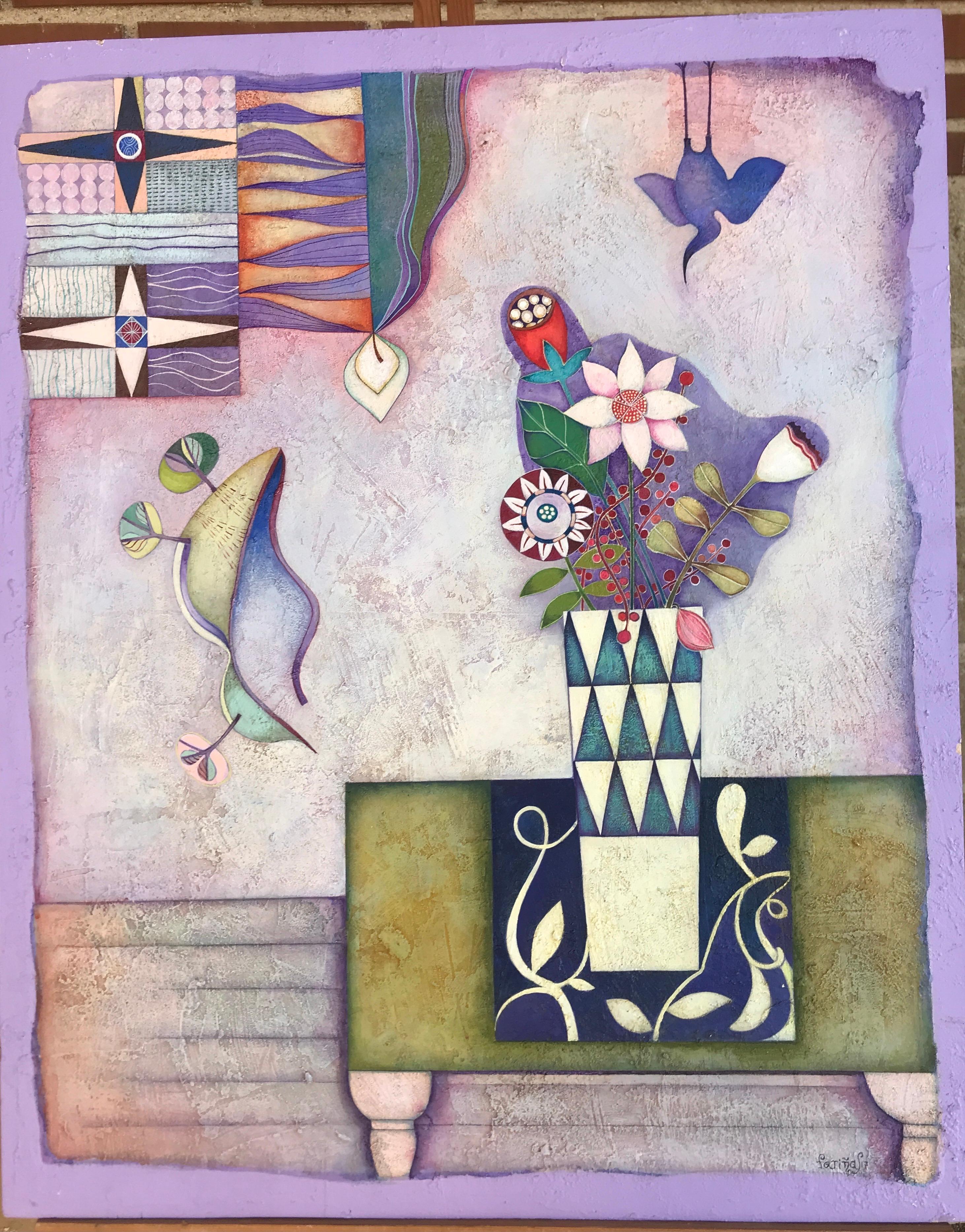 Zu dieser Zeit habe ich Blumen gelegt. Symbolisches, farbenfrohes Volkskunst-Stillleben von Raquel Farias  – Painting von Raquel Fariñas