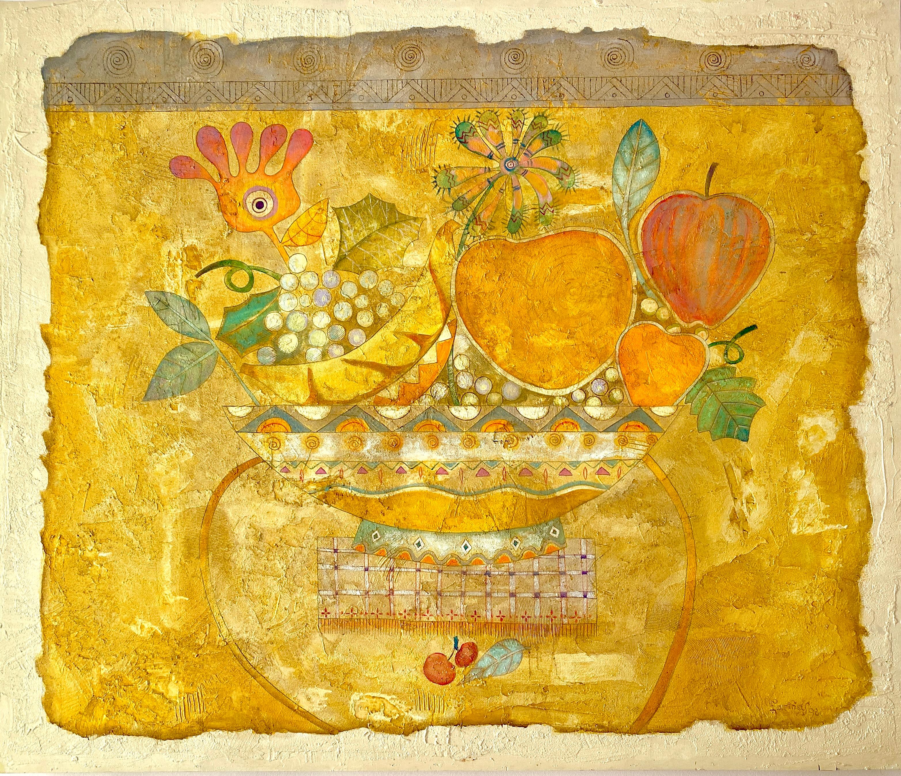 "Yelow Still-life". Raquel Fariñas. Folk Art, Acrylic on wood panel painting