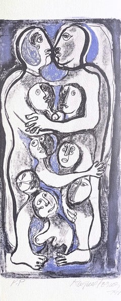 Retro FAMILY Signed Lithograph Abstract Portrait, People, Latin American Woman Artist